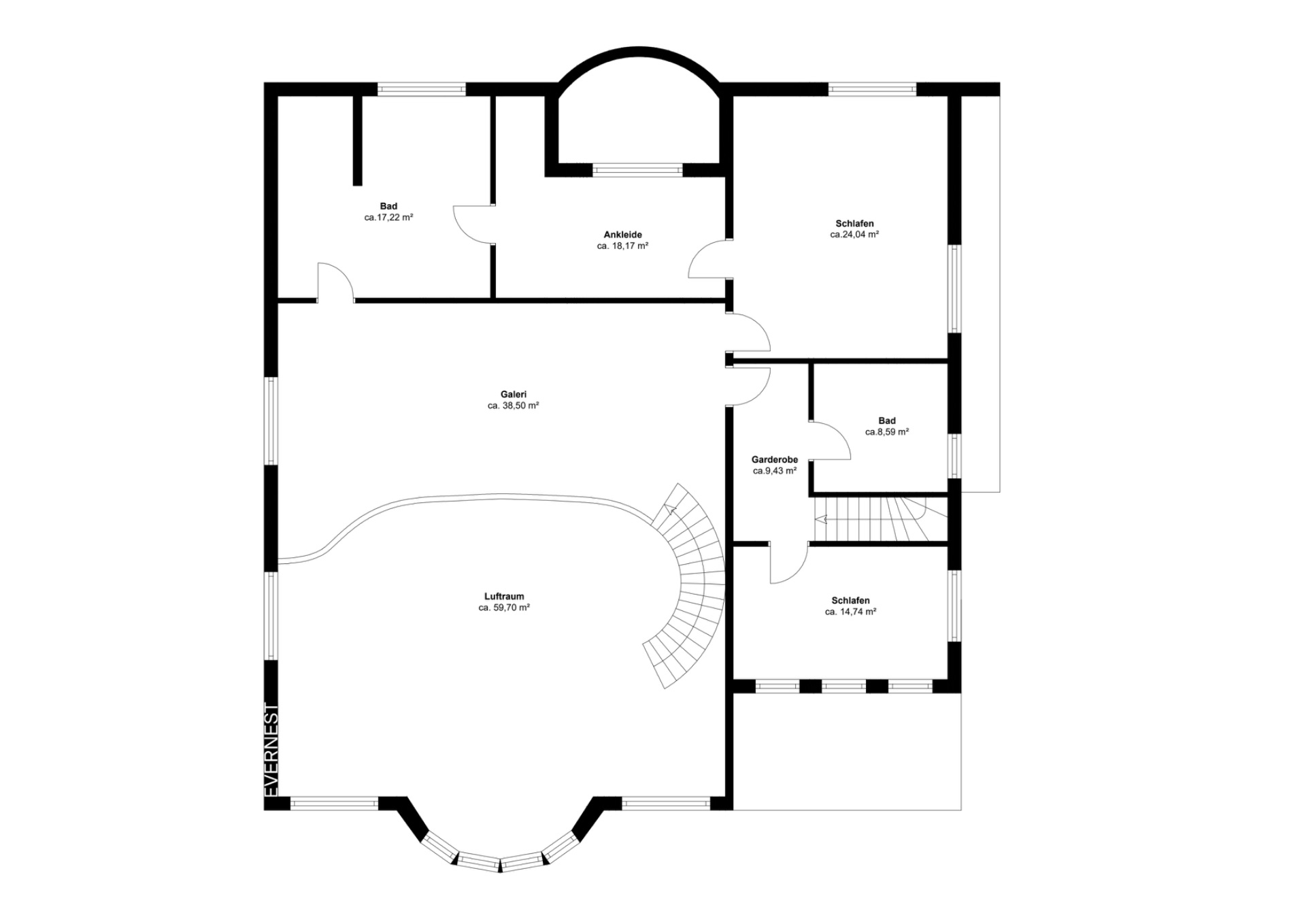Grundriss eines Wohnhauses mit Schlaf- und Badezimmern, Garderobe und großer Galerie.