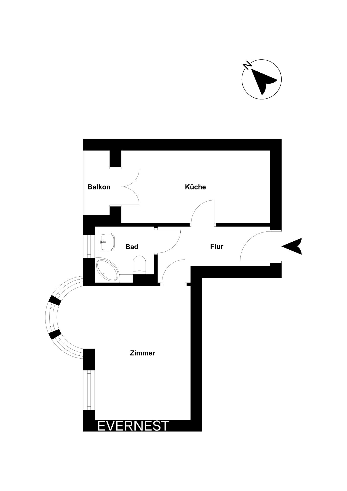 Grundriss einer Wohnung mit Zimmer, Küche, Bad, Flur und Balkon.