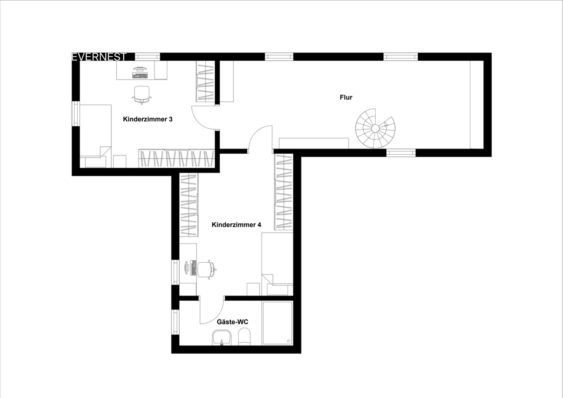 Grundriss mit zwei Kinderzimmern, Flur, Gäste-WC und Wendeltreppe.