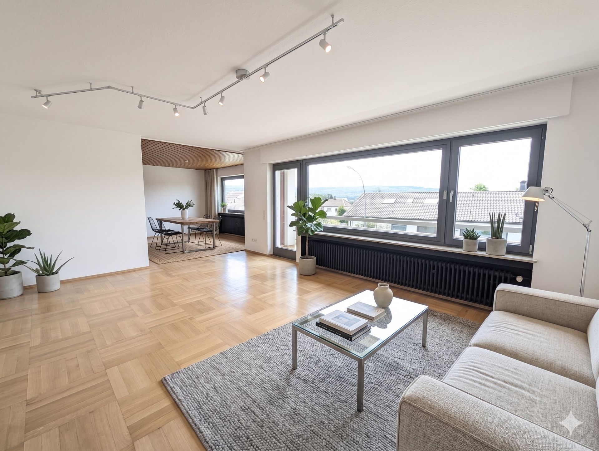Helles Wohnzimmer mit Holzfußboden, Sofa, Glastisch, großen Fenstern und einigen Pflanzen.