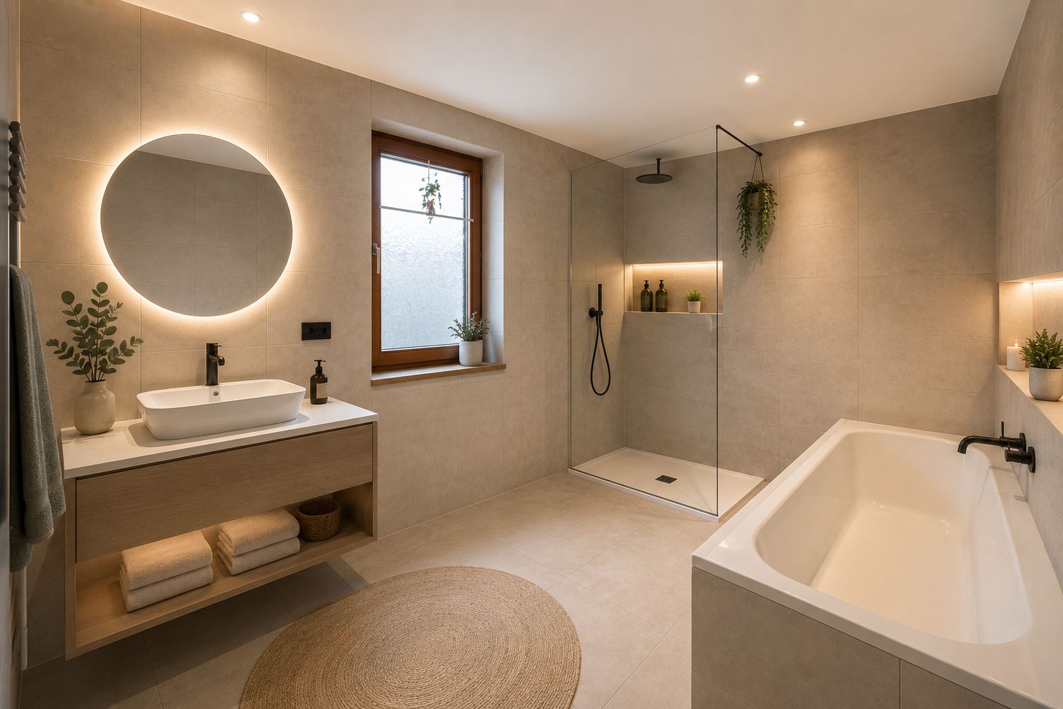 Modernes Badezimmer mit rundem Spiegel, Waschbecken, Dusche und Badewanne.