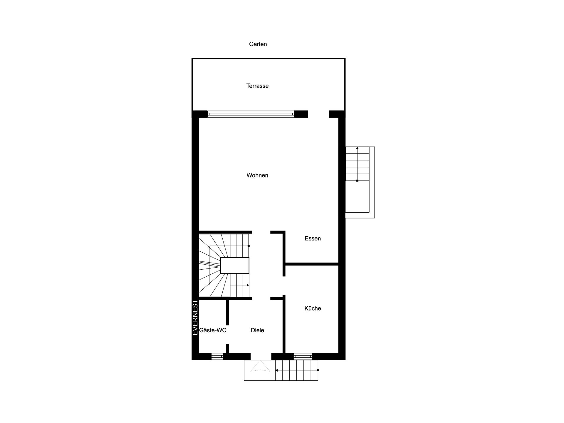 Grundriss eines Hauses mit Wohn-, Esszimmer, Küche, Gäste-WC, Diele, Terrasse und Garten.