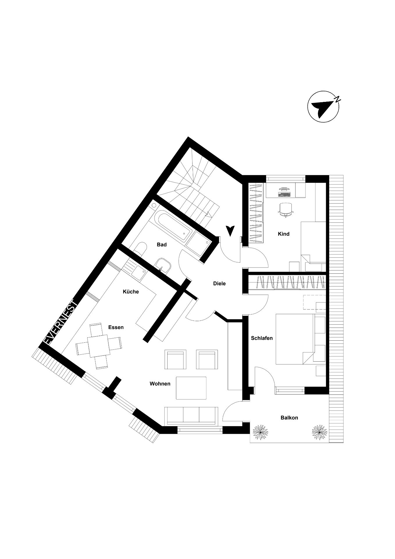 Grundriss einer Wohnung mit Wohn-, Schlaf-, Kinderzimmer, Küche, Bad, Diele, Essen und Balkon.