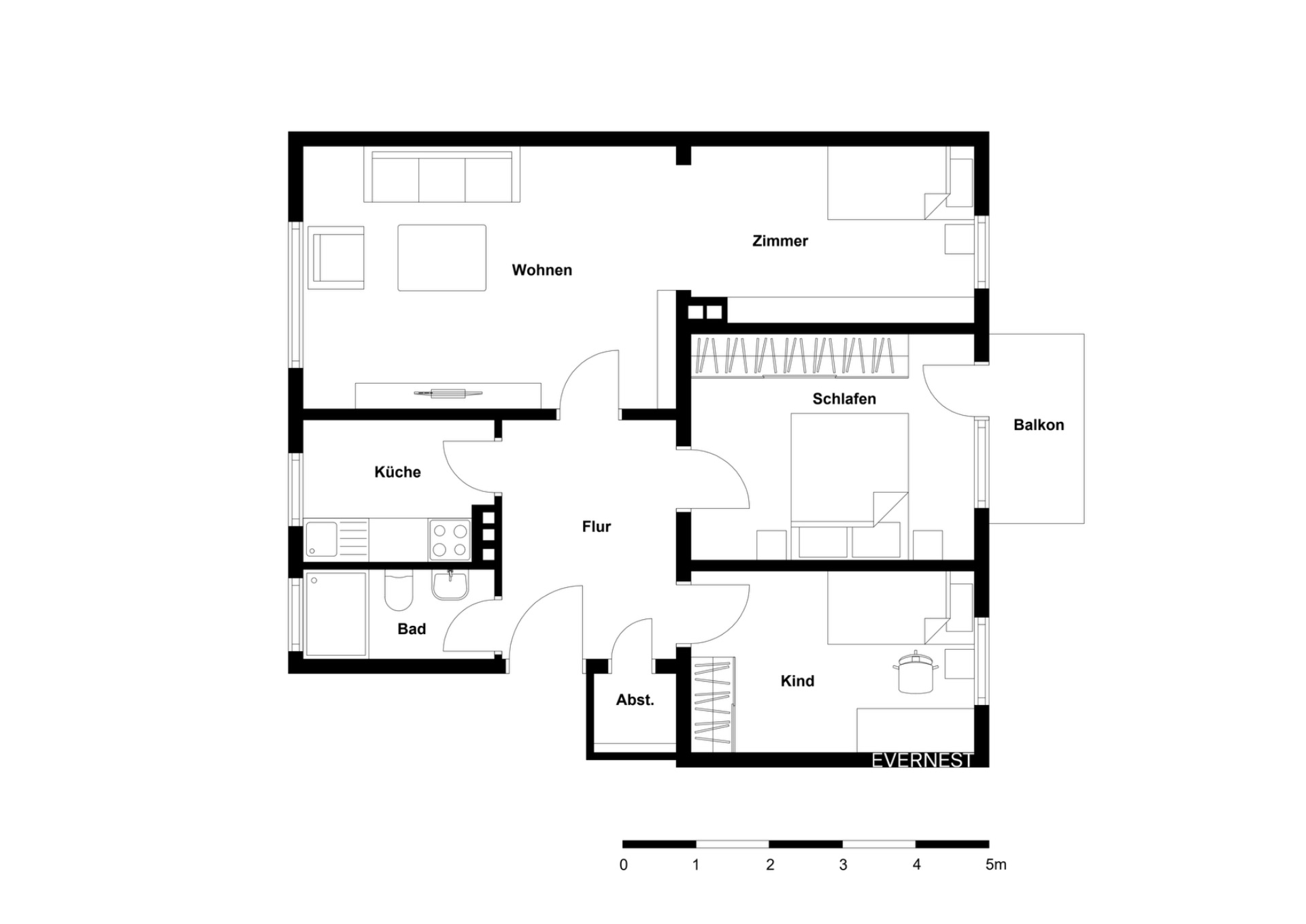 Grundriss einer Wohnung mit Wohnzimmer, Küche, Bad, Schlafzimmer, Kinderzimmer und Balkon.
