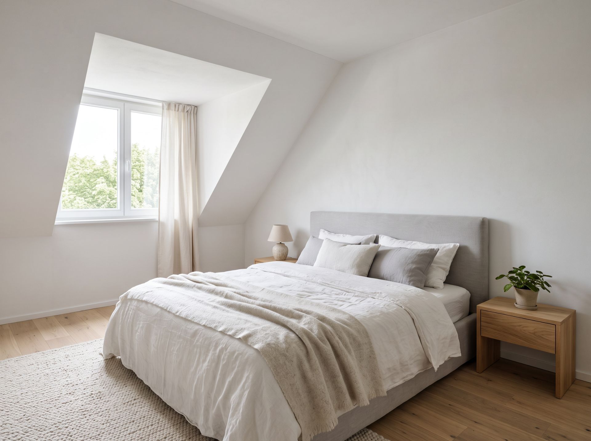 Helles Schlafzimmer mit Doppelbett, zwei Nachttischen, Lampe und Pflanze am Fenster.