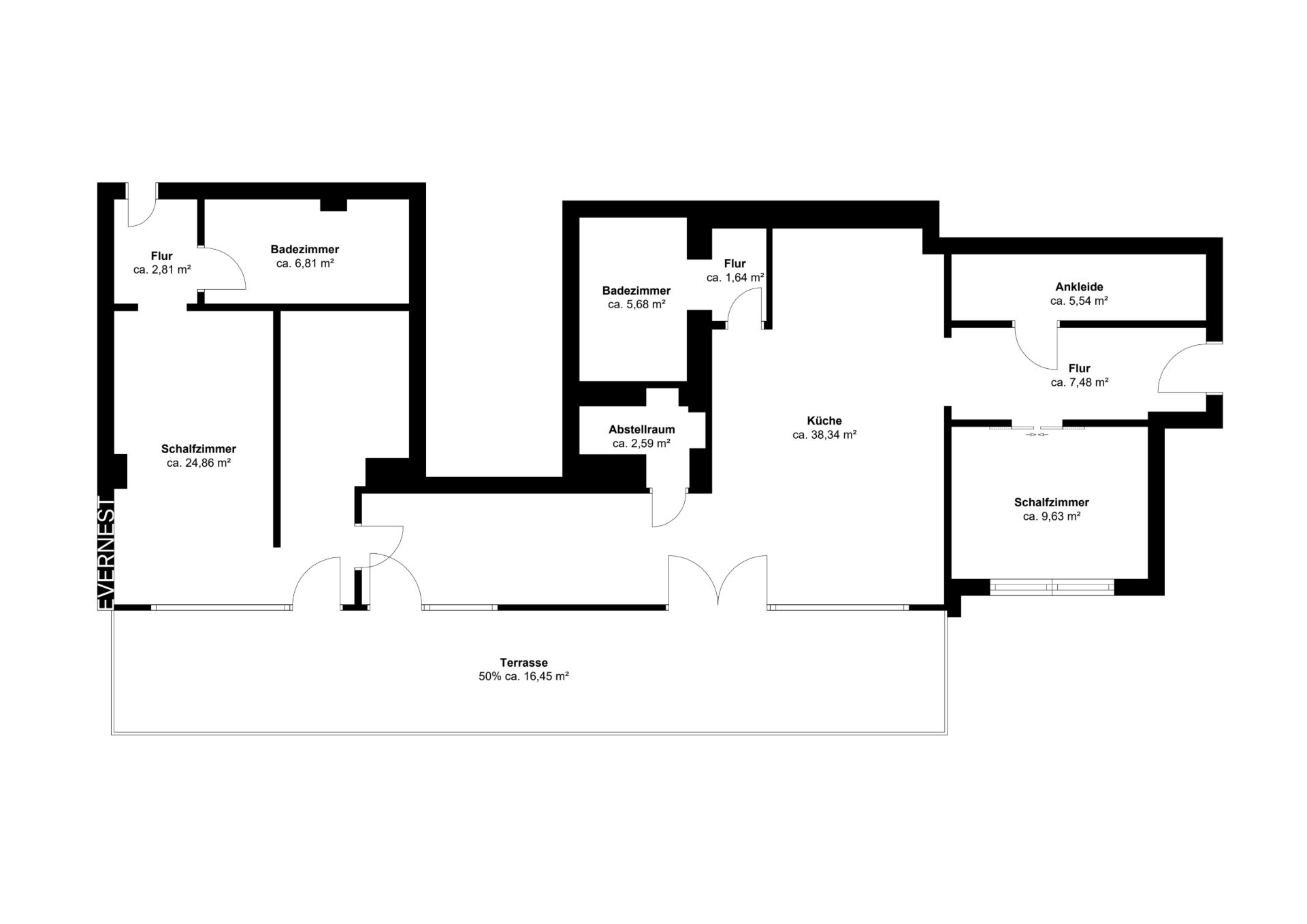 Grundriss einer Wohnung mit zwei Schlafzimmern, Küche, zwei Bädern und Terrasse.