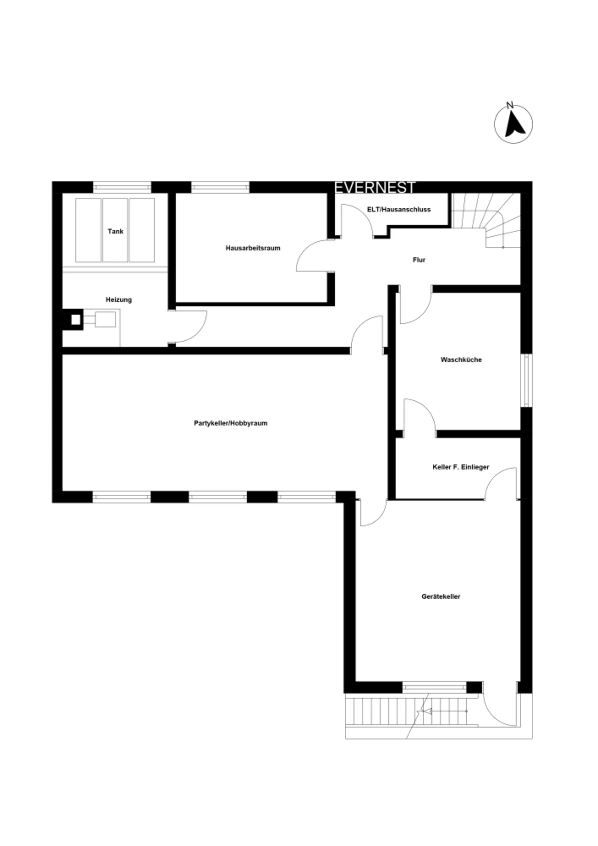 Grundriss eines Kellers mit Hausarbeitsraum, Waschküche, Partykeller und Gerätekeller.