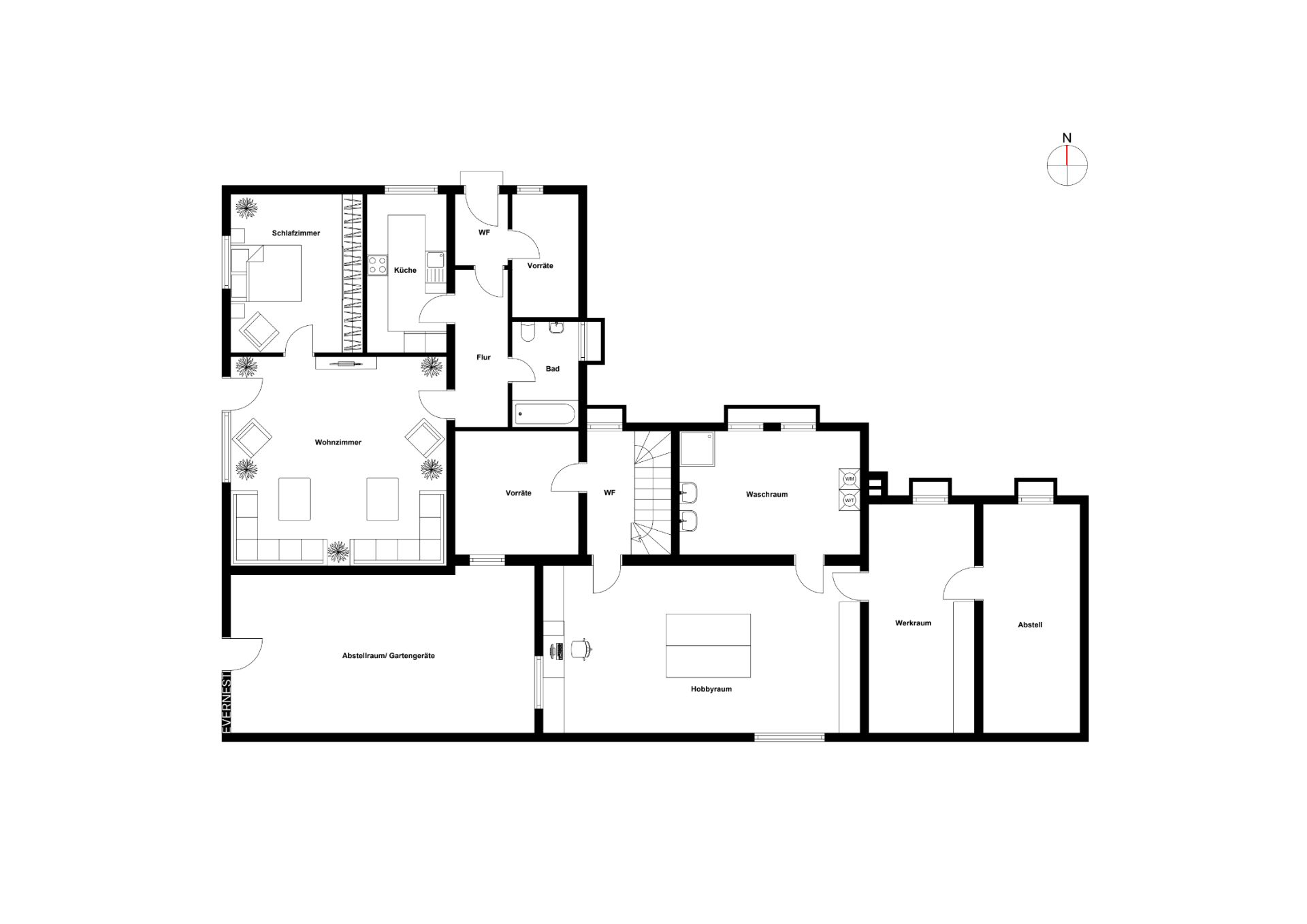 Grundriss eines Wohnhauses mit Schlafzimmer, Wohnzimmer, Küche, Bad, Hobbyraum und Abstellräumen.