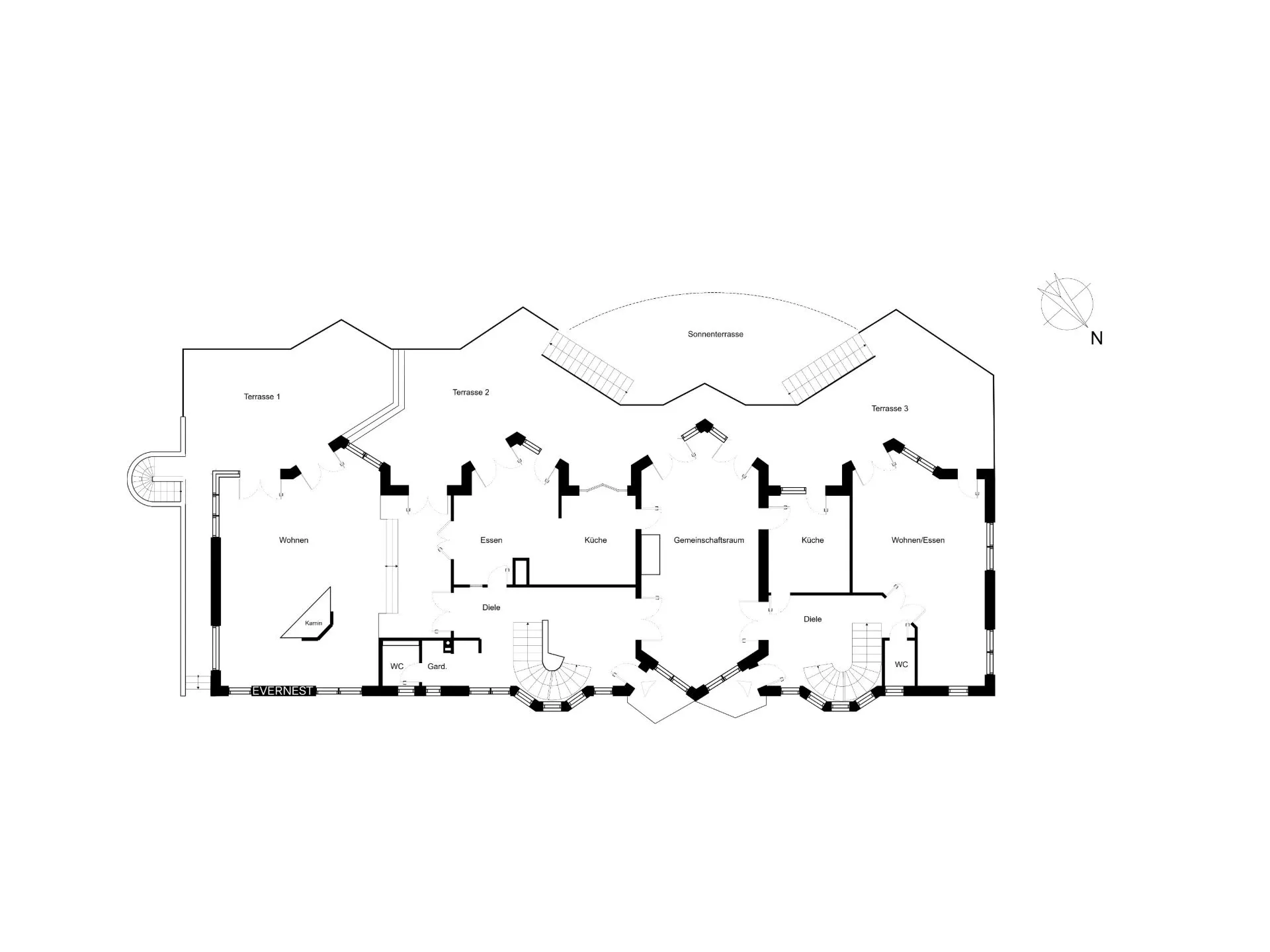 Grundriss einer Wohnung mit mehreren Zimmern, Küchen, Bädern und Terrassen.