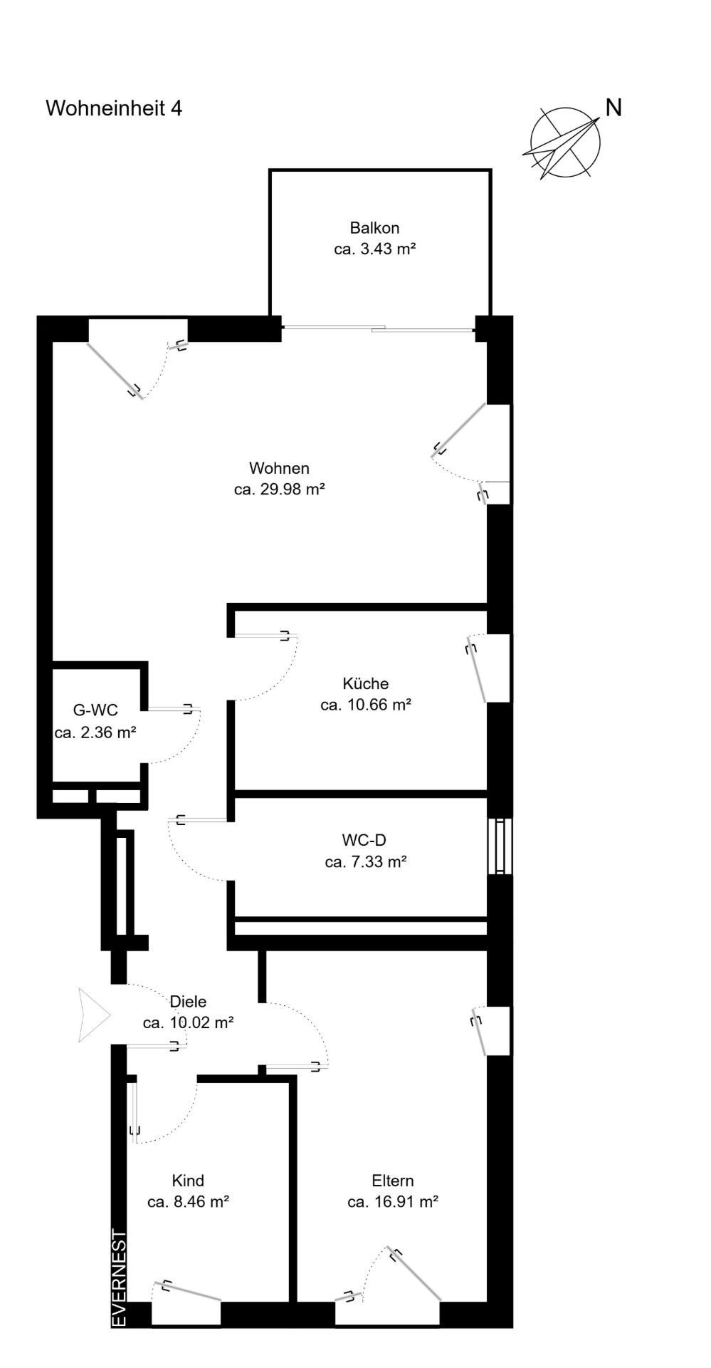 Grundriss einer Wohnung mit Balkon, Wohnzimmer, Küche, Bad, Gäste-WC, Diele, Kind- und Schlafzimmer.