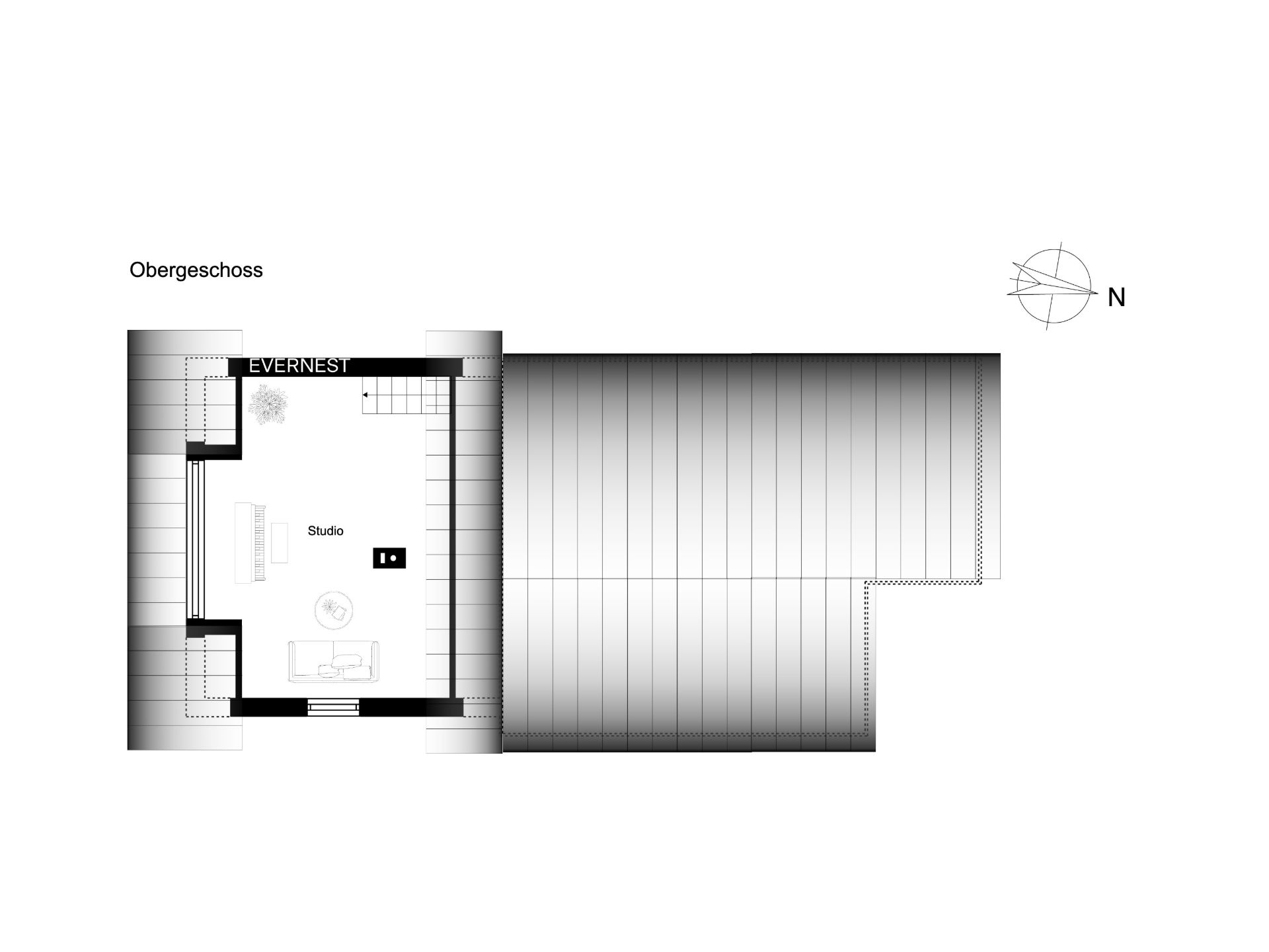 Grundriss des Obergeschosses mit einem großen Studio-Raum und Terrasse.