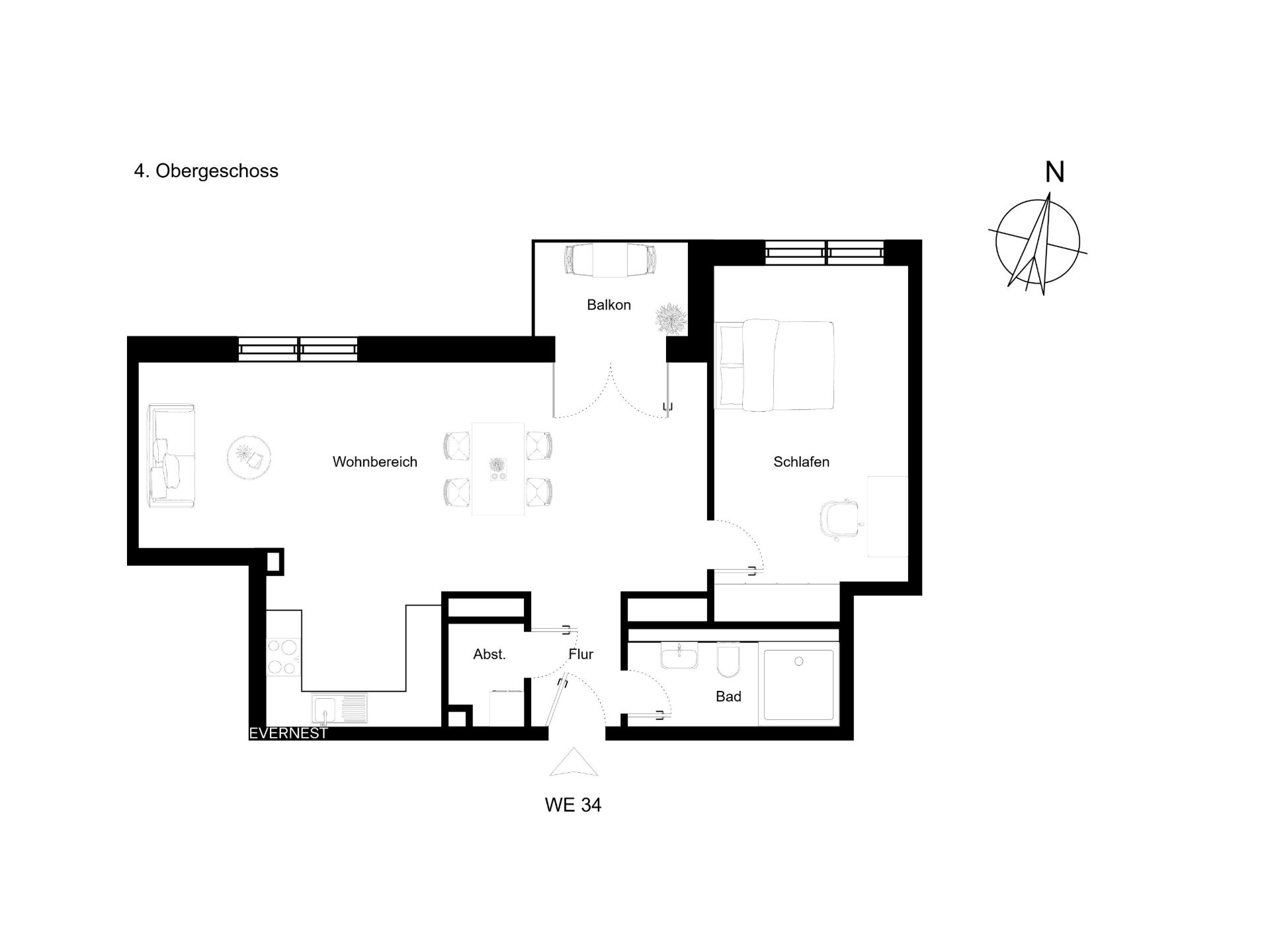 Grundriss einer Wohnung mit Wohnbereich, Schlafzimmer, Bad, Abstellraum und Balkon.