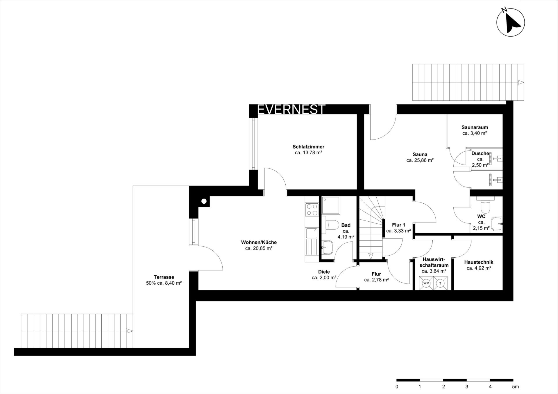 Grundriss einer Wohnung mit Schlafzimmer, Wohnküche, Bad, Sauna, Hauswirtschaftsraum und Terrasse.