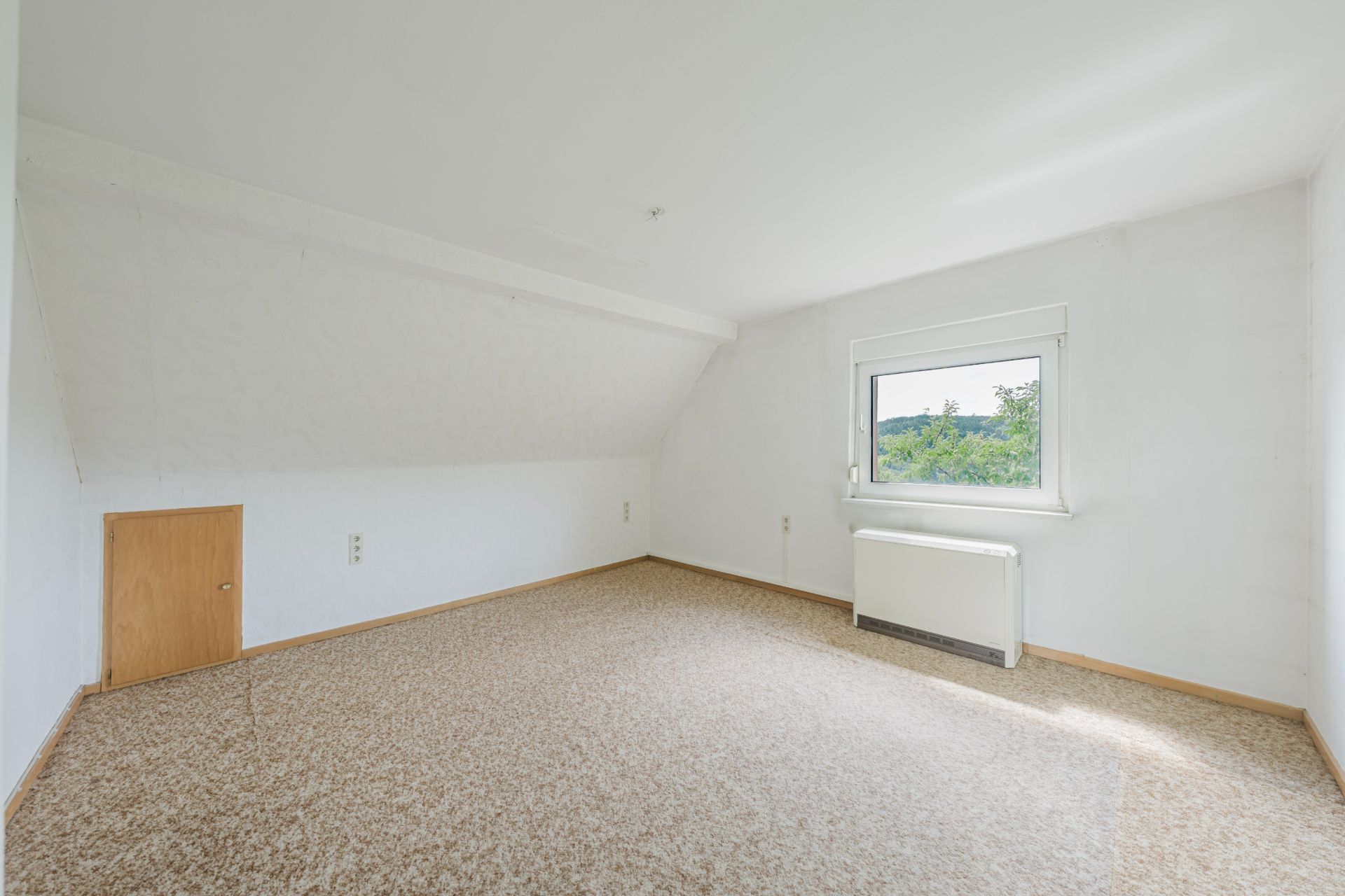 Leeres Zimmer mit Teppichboden, weißer Wand, Fenster und kleiner Tür in der Schräge.