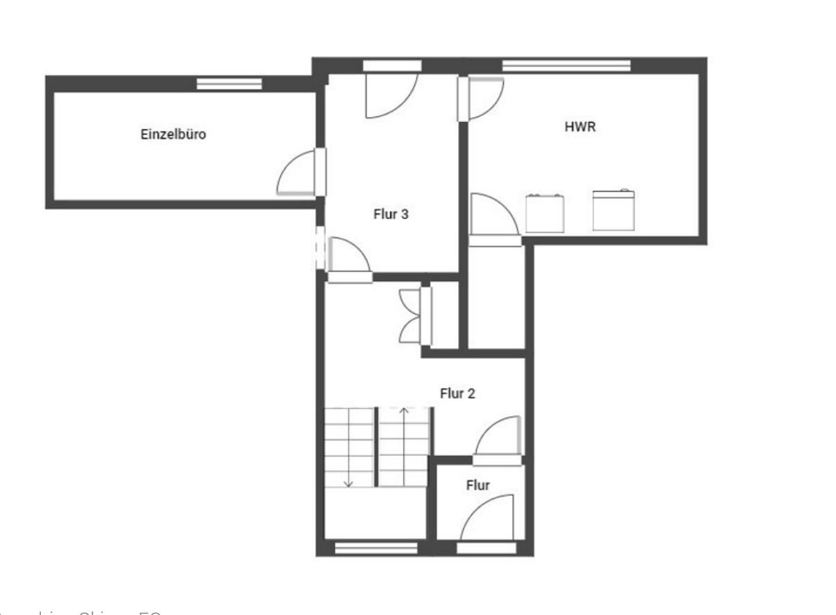 Grundriss mit Einzelbüro, HWR und mehreren Fluren, verbunden durch Türen.