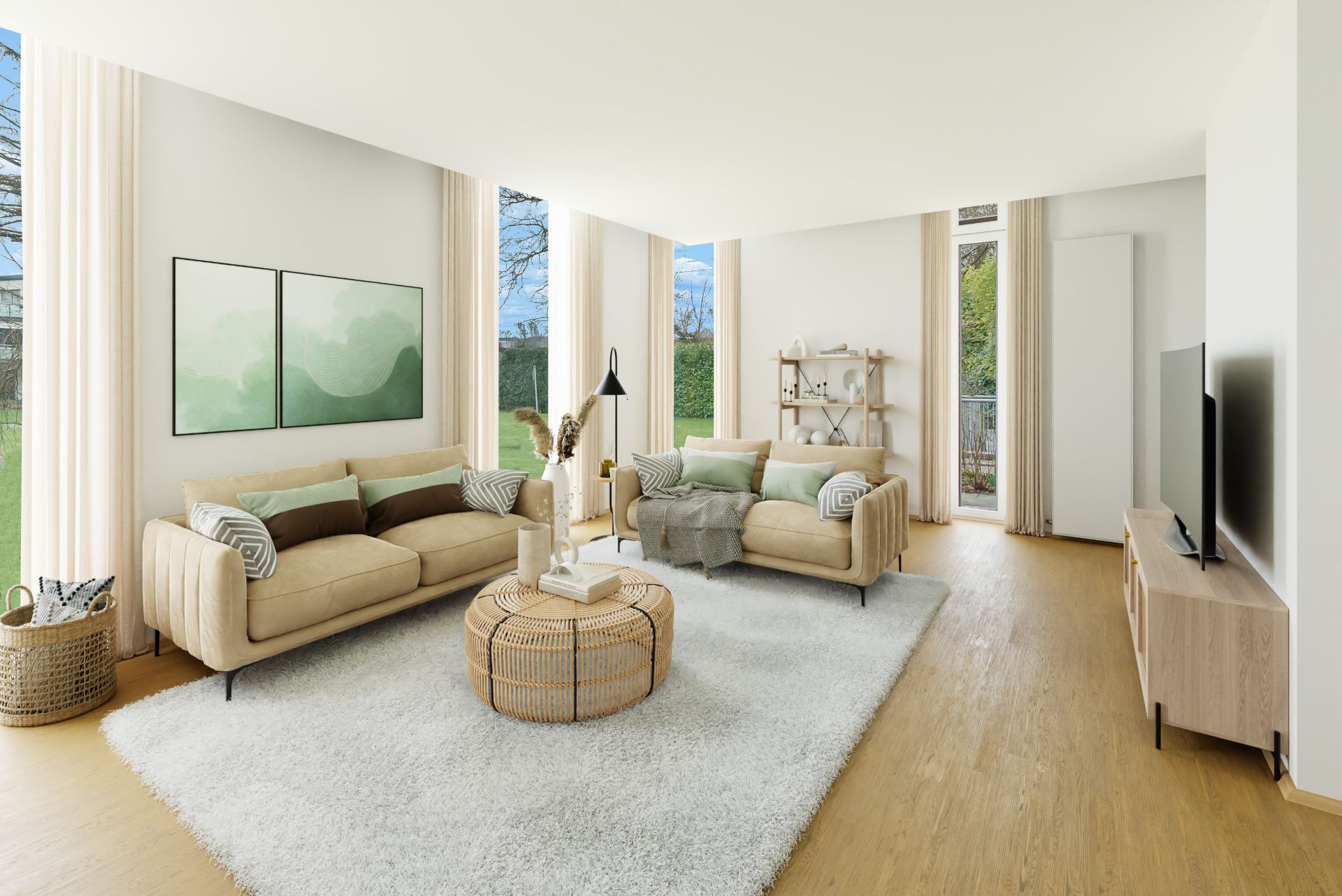 Helles Wohnzimmer mit zwei Sofas, Teppich, Couchtisch und großem Fenster.