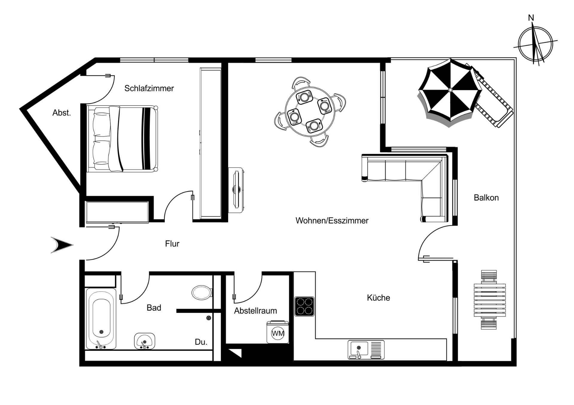 Grundriss einer Wohnung mit Schlafzimmer, Bad, Küche, Wohn-/Esszimmer und Balkon.