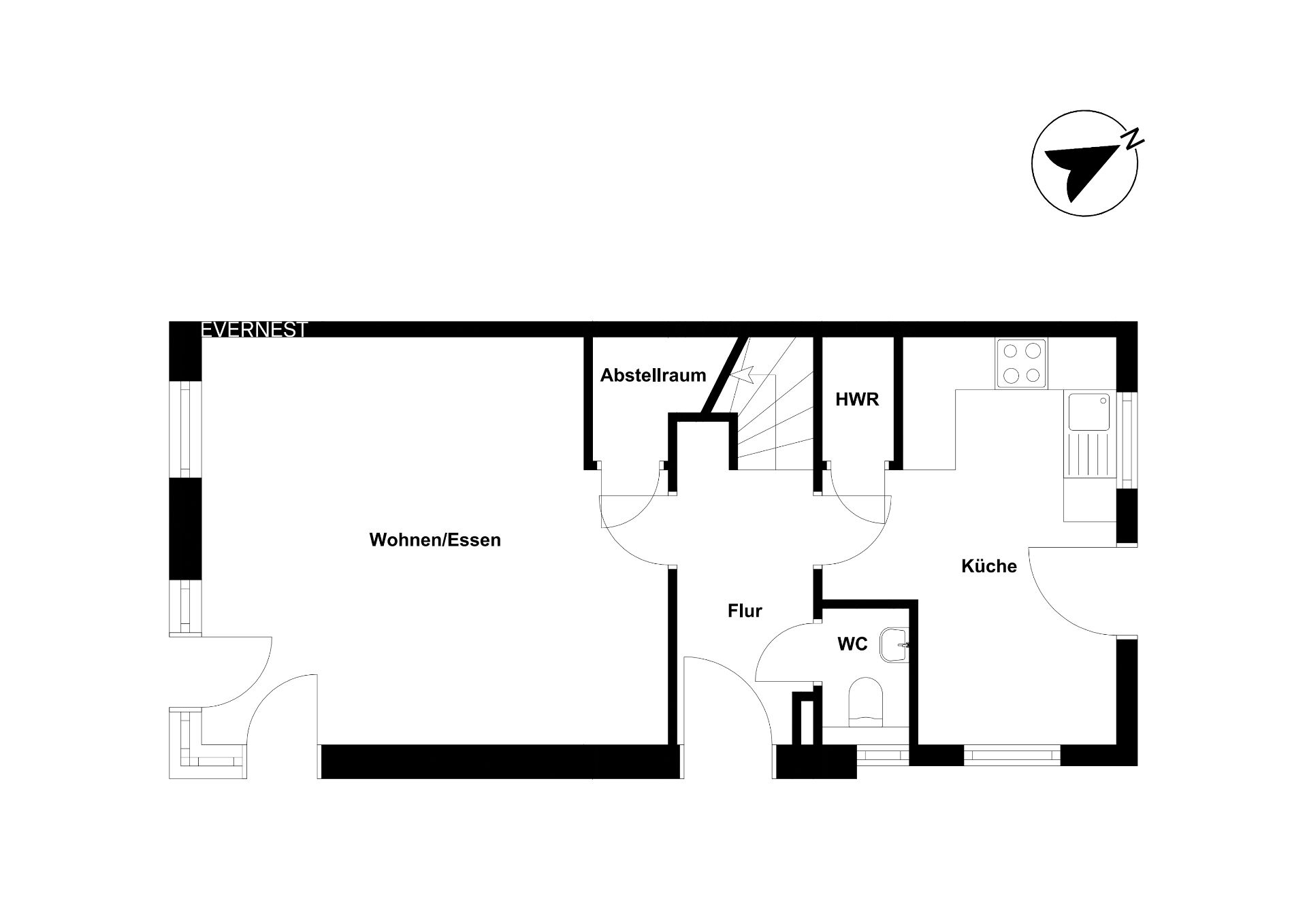 Grundriss einer Wohnung mit Wohnzimmer, Küche, Flur, WC, HWR und Abstellraum.