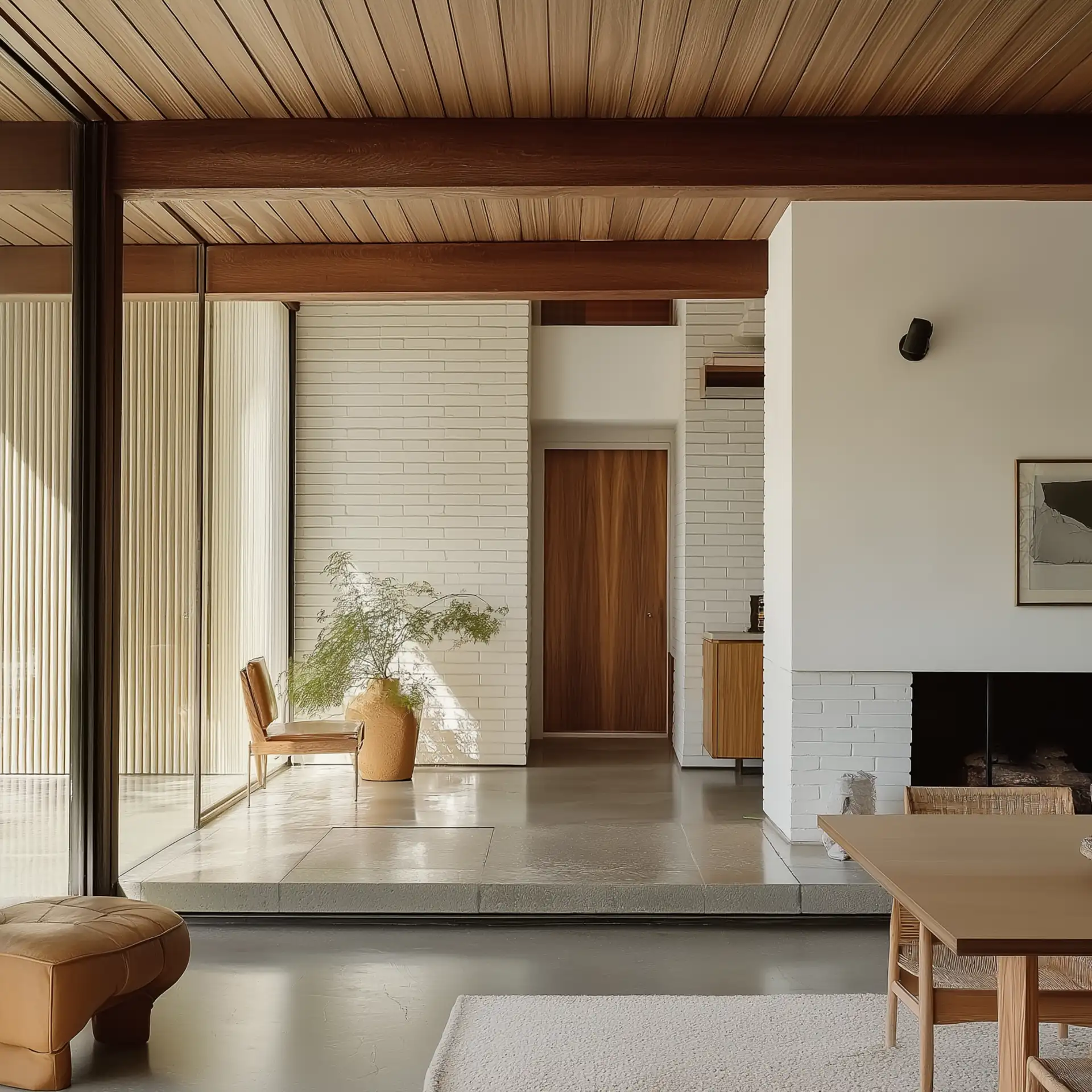 Modernes Wohnzimmer mit heller Couch, rundem Holztisch und schwarzer Wandlampe.