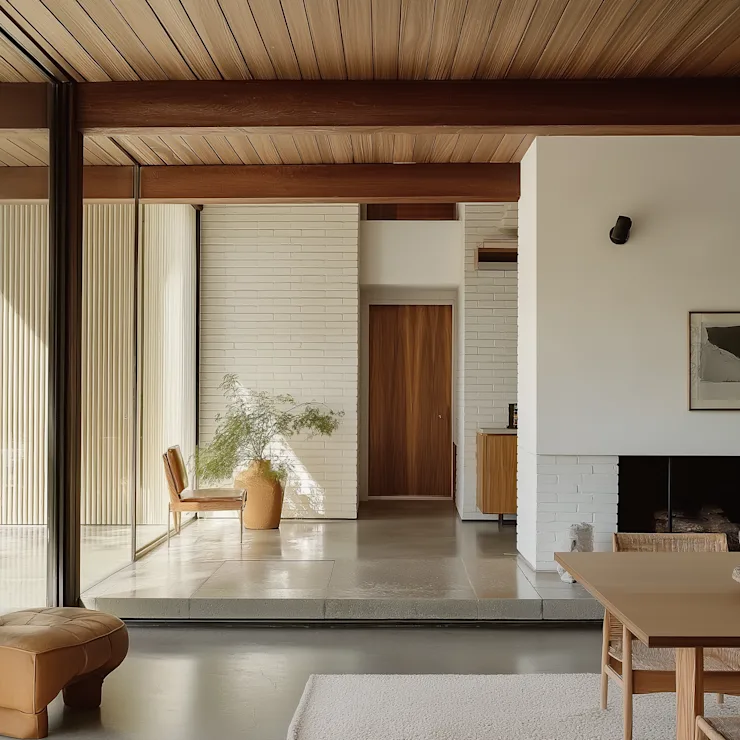 Modernes Wohnzimmer mit heller Couch, rundem Holztisch und schwarzer Wandlampe.
