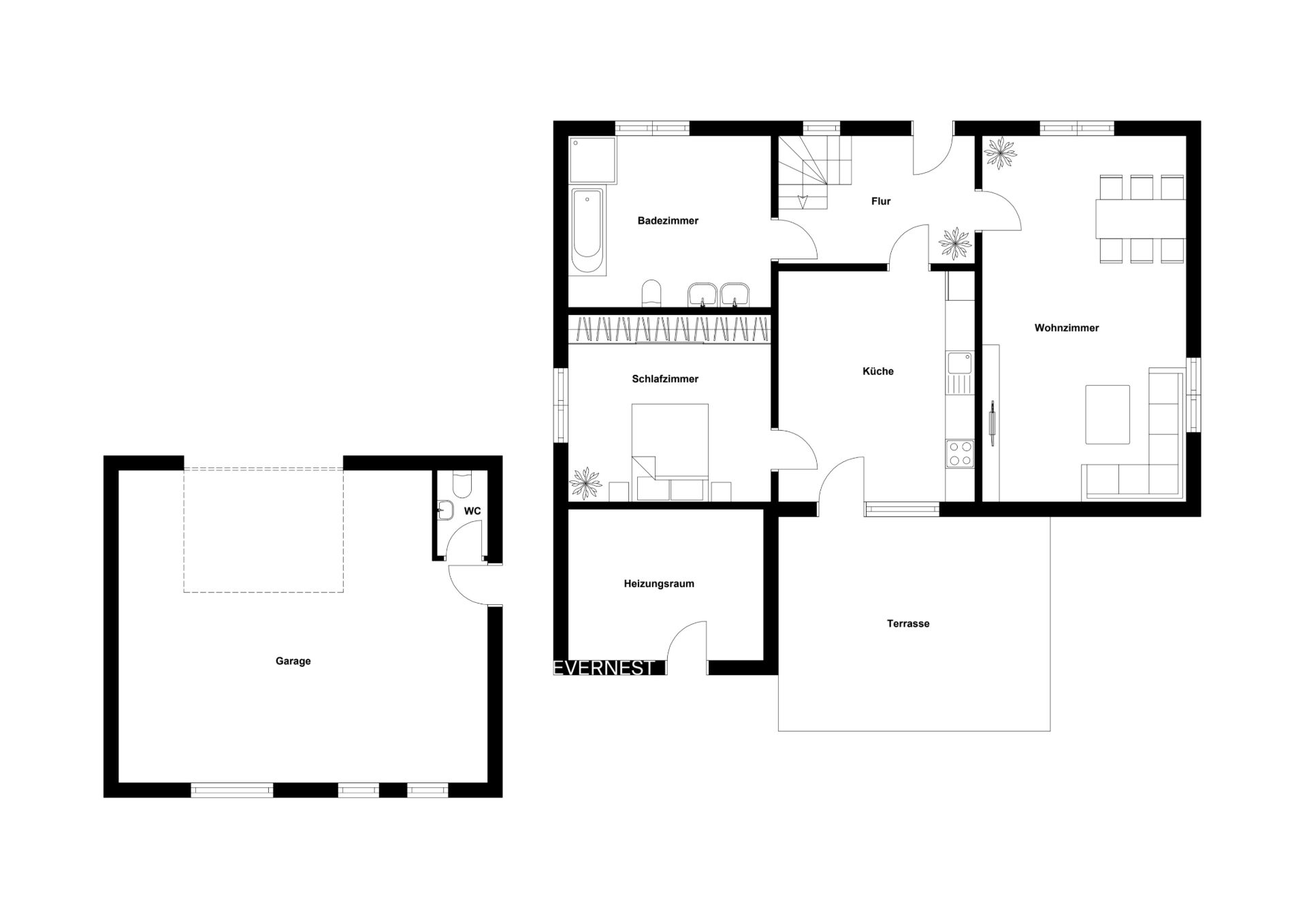 Grundriss eines Wohnhauses mit Garage, Schlafzimmer, Wohnzimmer, Küche, Badezimmer und Terrasse.