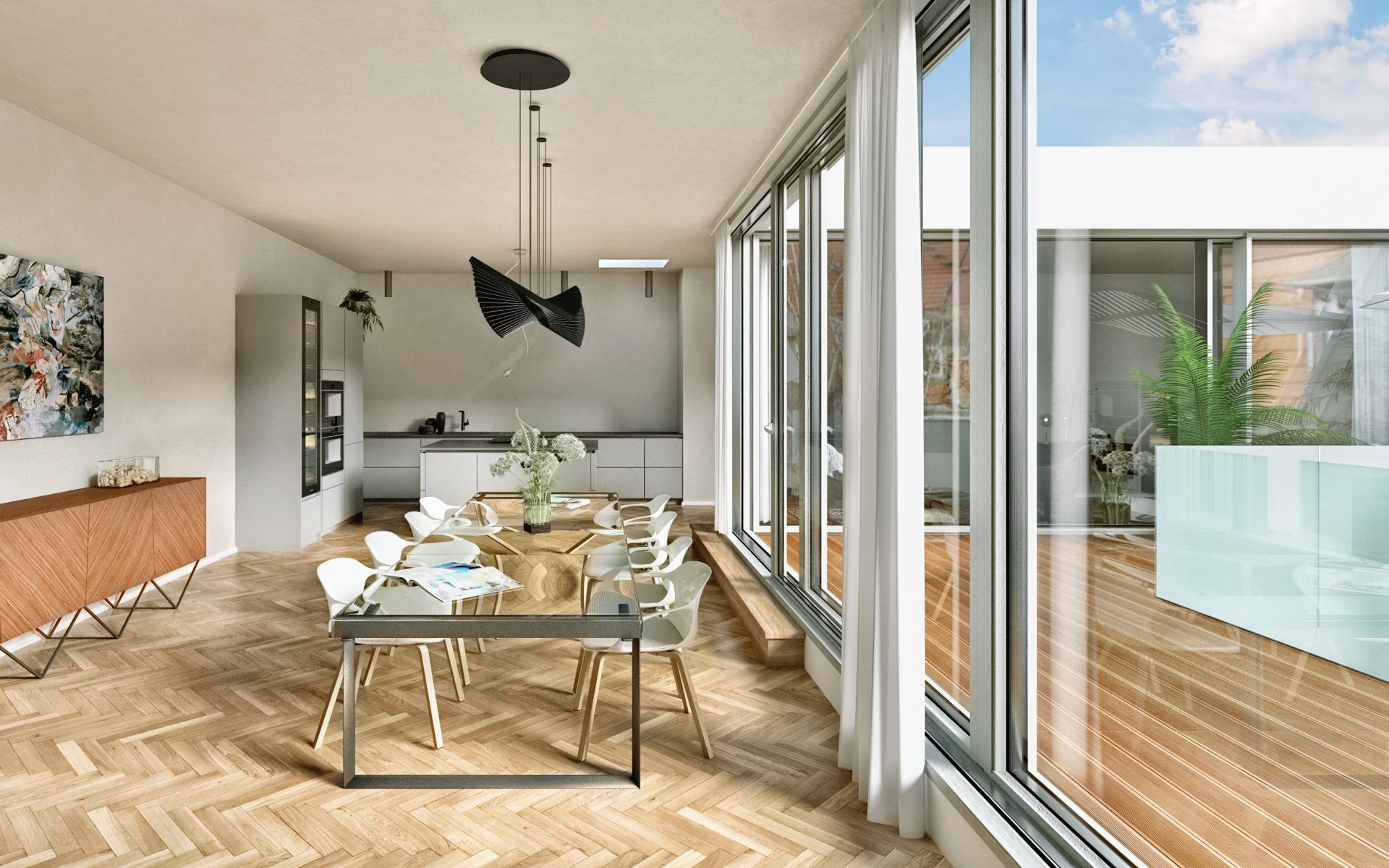 Heller Essbereich mit Glastisch, acht Stühlen und Zugang zu einer Terrasse durch große Fenster.