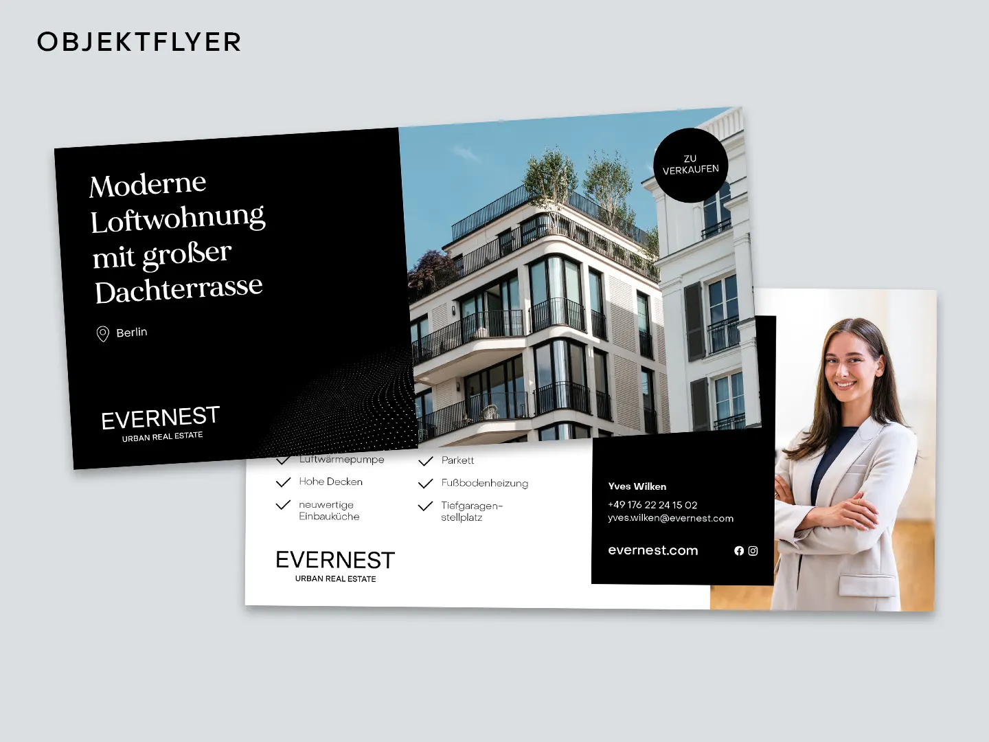 Flyer mit Bild eines modernen Wohngebäudes und großer Dachterrasse, daneben eine Frau im Anzug.