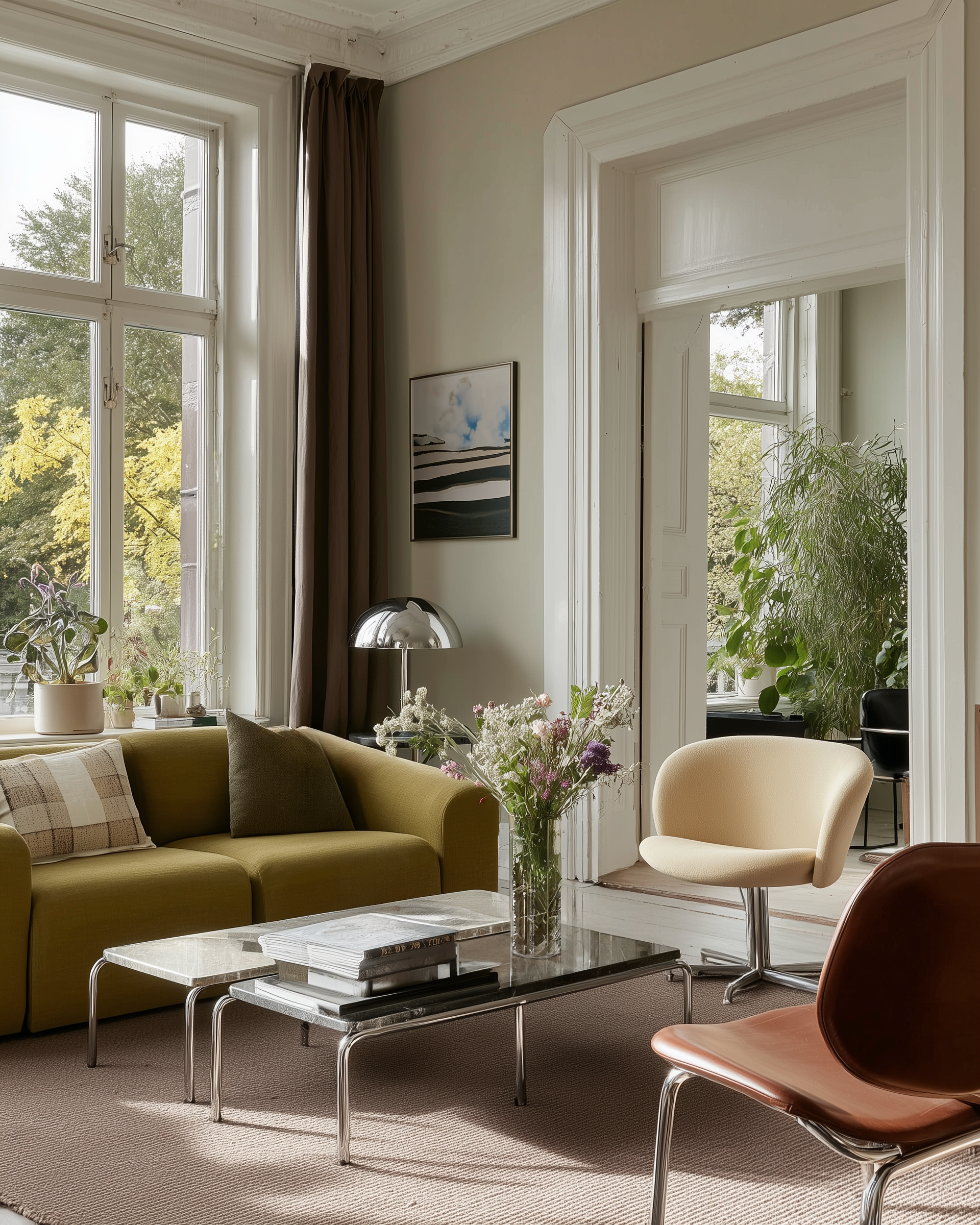 Helles Wohnzimmer mit grünem Sofa, Sessel, Couchtisch, Pflanzen und großen Fenstern.