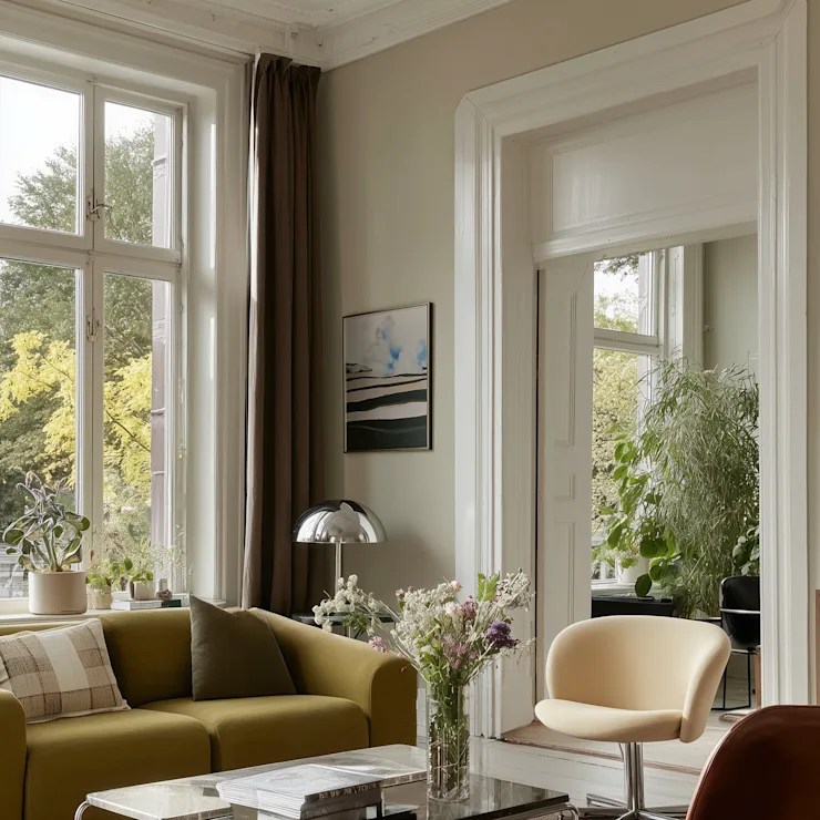 Helles Wohnzimmer mit grünem Sofa, Sessel, Couchtisch, Pflanzen und großen Fenstern.