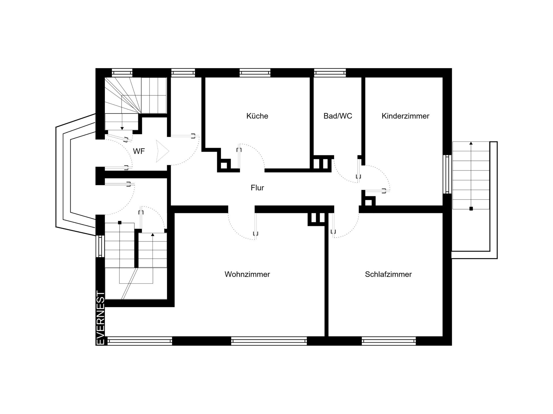 Grundriss einer Wohnung mit Wohnzimmer, Schlafzimmer, Küche, Bad/WC und Kinderzimmer.