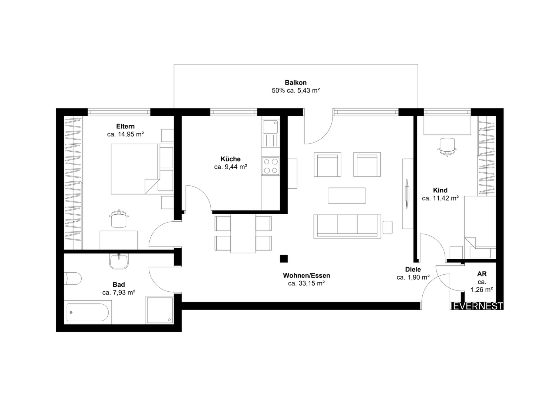 Grundriss einer Wohnung mit zwei Schlafzimmern, Wohnzimmer, Küche, Bad, Abstellraum und Balkon.