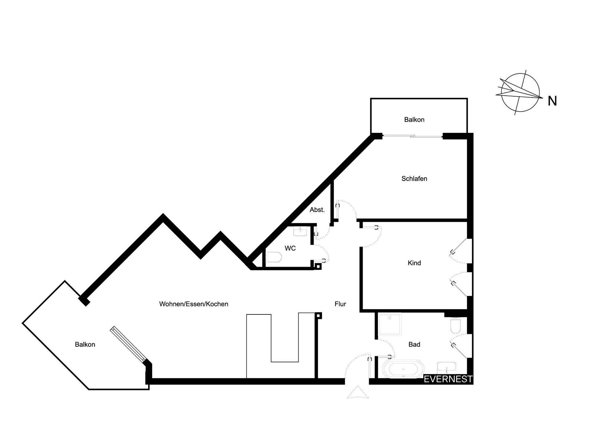 Grundriss einer Wohnung mit zwei Balkonen, Schlafzimmer, Kinderzimmer, Bad, WC und offenem Wohnbereich.