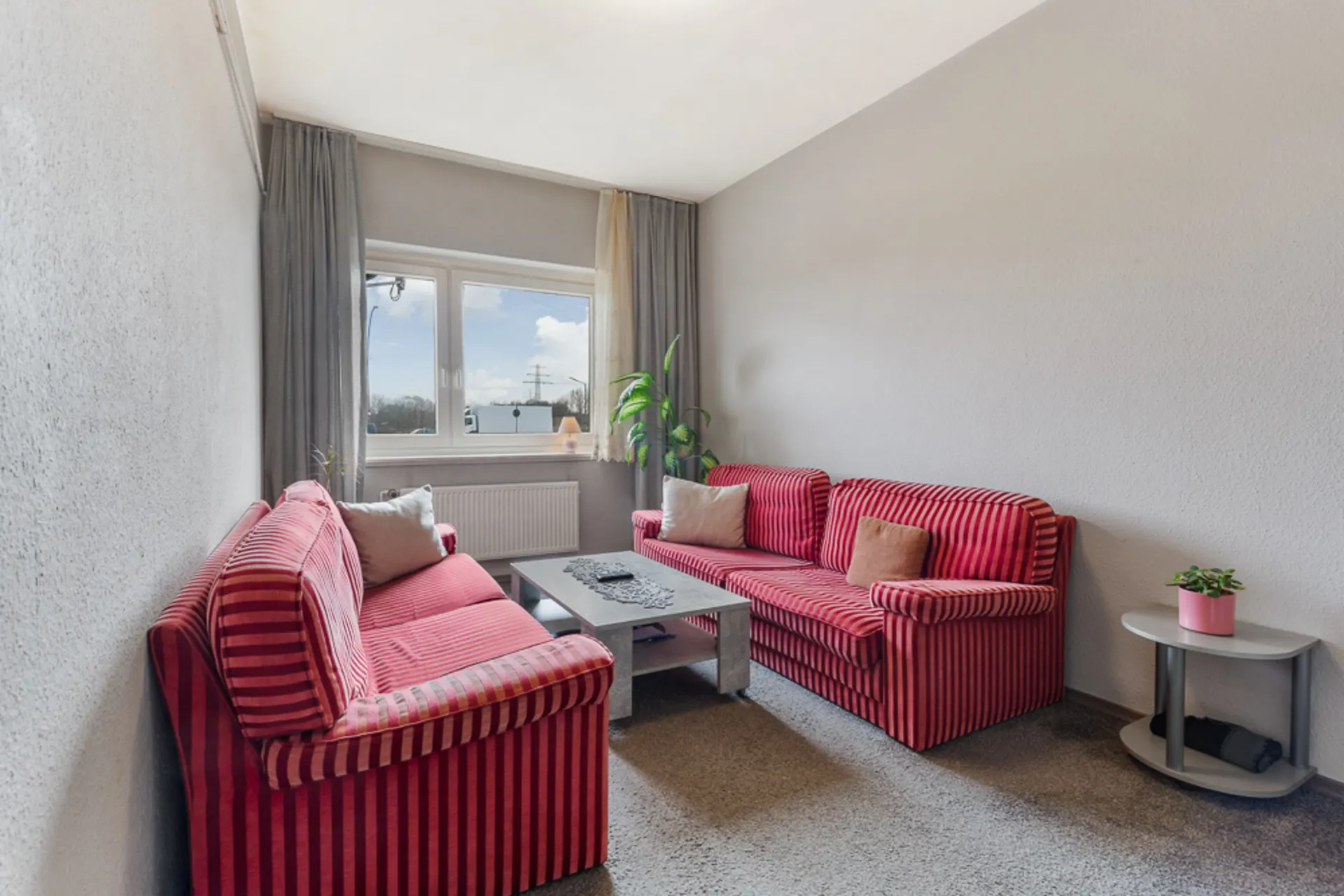 Wohnzimmer mit zwei rot gestreiften Sofas, Couchtisch, Fenster und Zimmerpflanze.