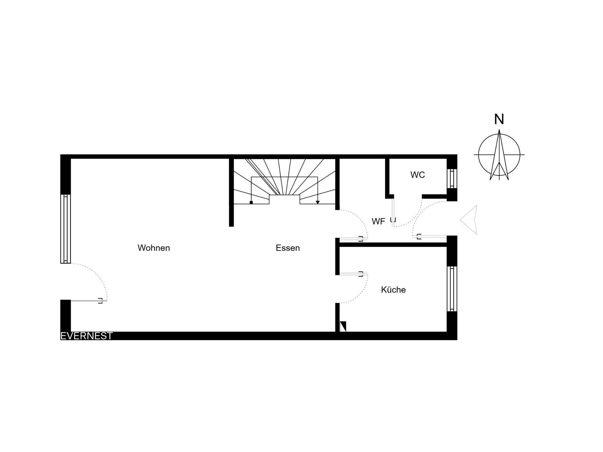 Grundriss mit Wohn-, Esszimmer, Küche, WC und Treppe.