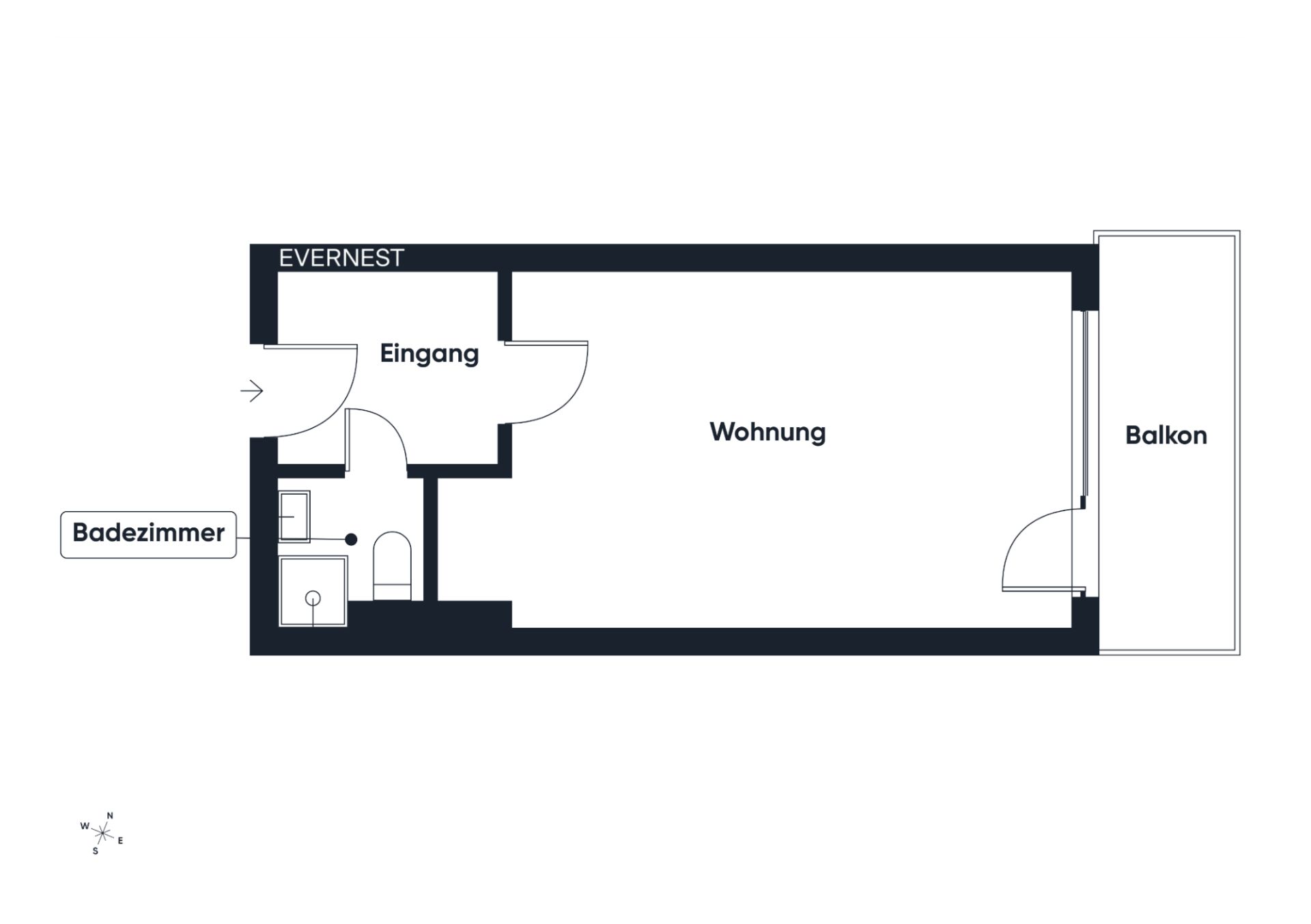 Grundriss einer Wohnung mit Badezimmer, Eingang, Wohnraum und Balkon.