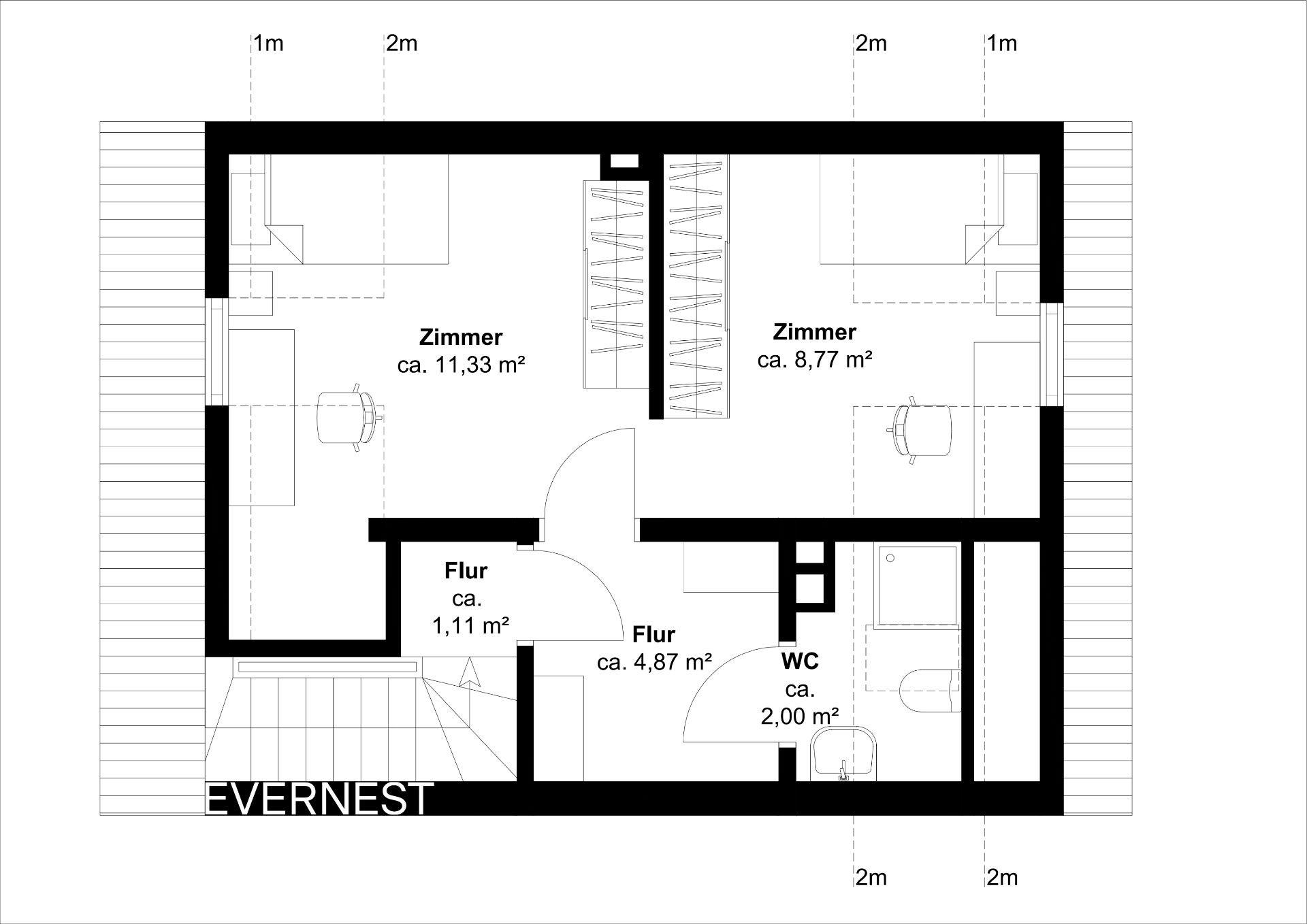 Grundriss mit zwei Zimmern, Flur und WC, Maße der Räume sind angegeben.