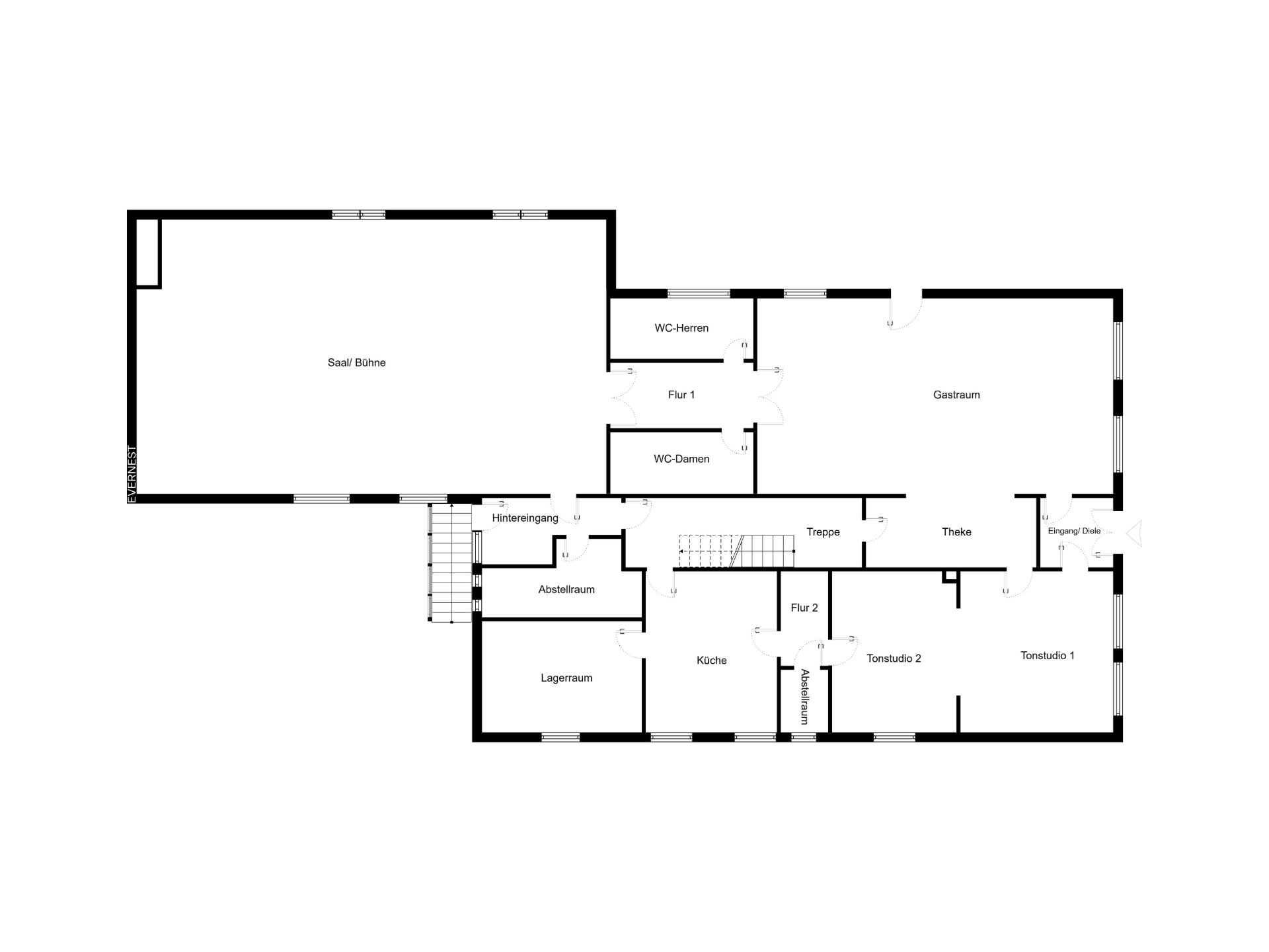 Grundriss eines Wohnhauses mit Saal, Küche, Tonstudios und mehreren Nebenräumen.