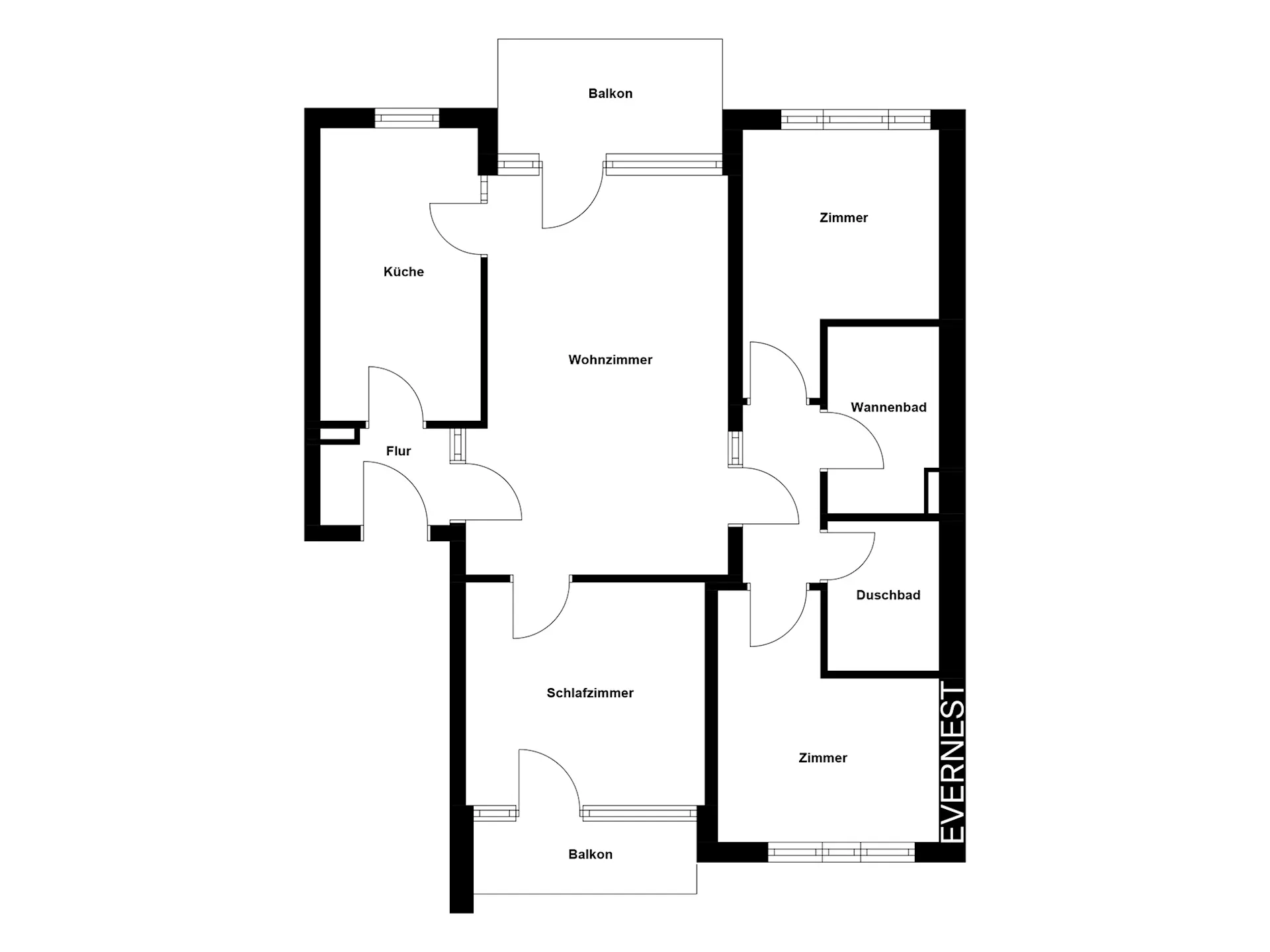 Grundriss einer Wohnung mit Wohnzimmer, zwei Zimmern, Küche, zwei Bädern und zwei Balkonen.