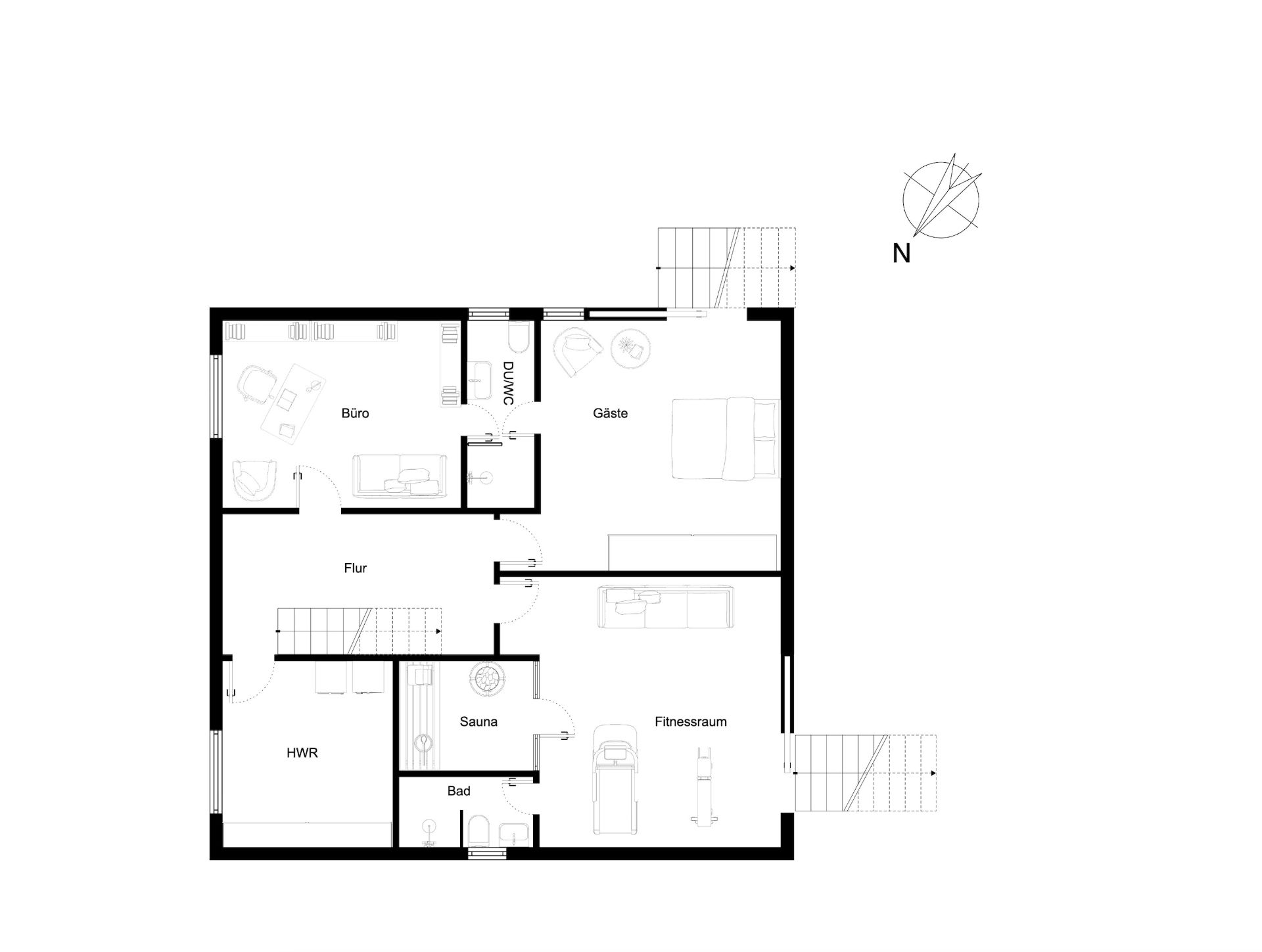 Grundriss mit Büro, Gästezimmer, Flur, Hauswirtschaftsraum, Sauna, Bad und Fitnessraum.