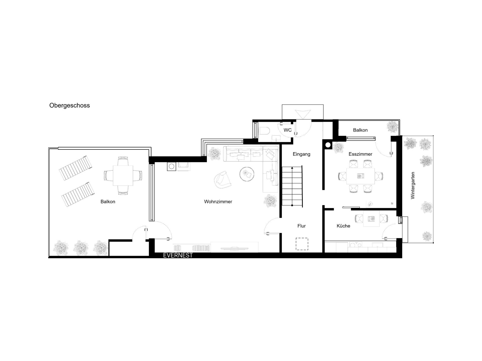 Grundriss eines Obergeschosses mit Wohnzimmer, Esszimmer, Küche, WC und zwei Balkonen.
