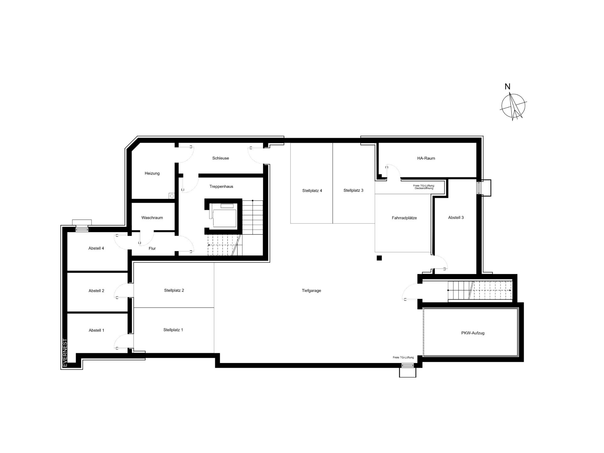 Schwarz-weißer Grundriss eines Wohnhaus-Kellergeschosses mit Stellplätzen und Abstellräumen.