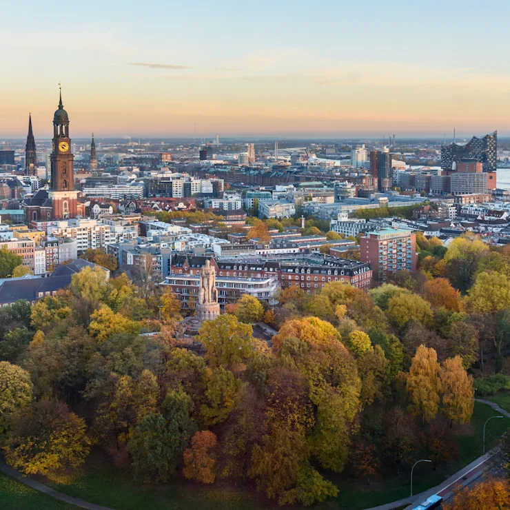 Blick über eine Stadt mit vielen Bäumen und einem Fluss im Hintergrund.