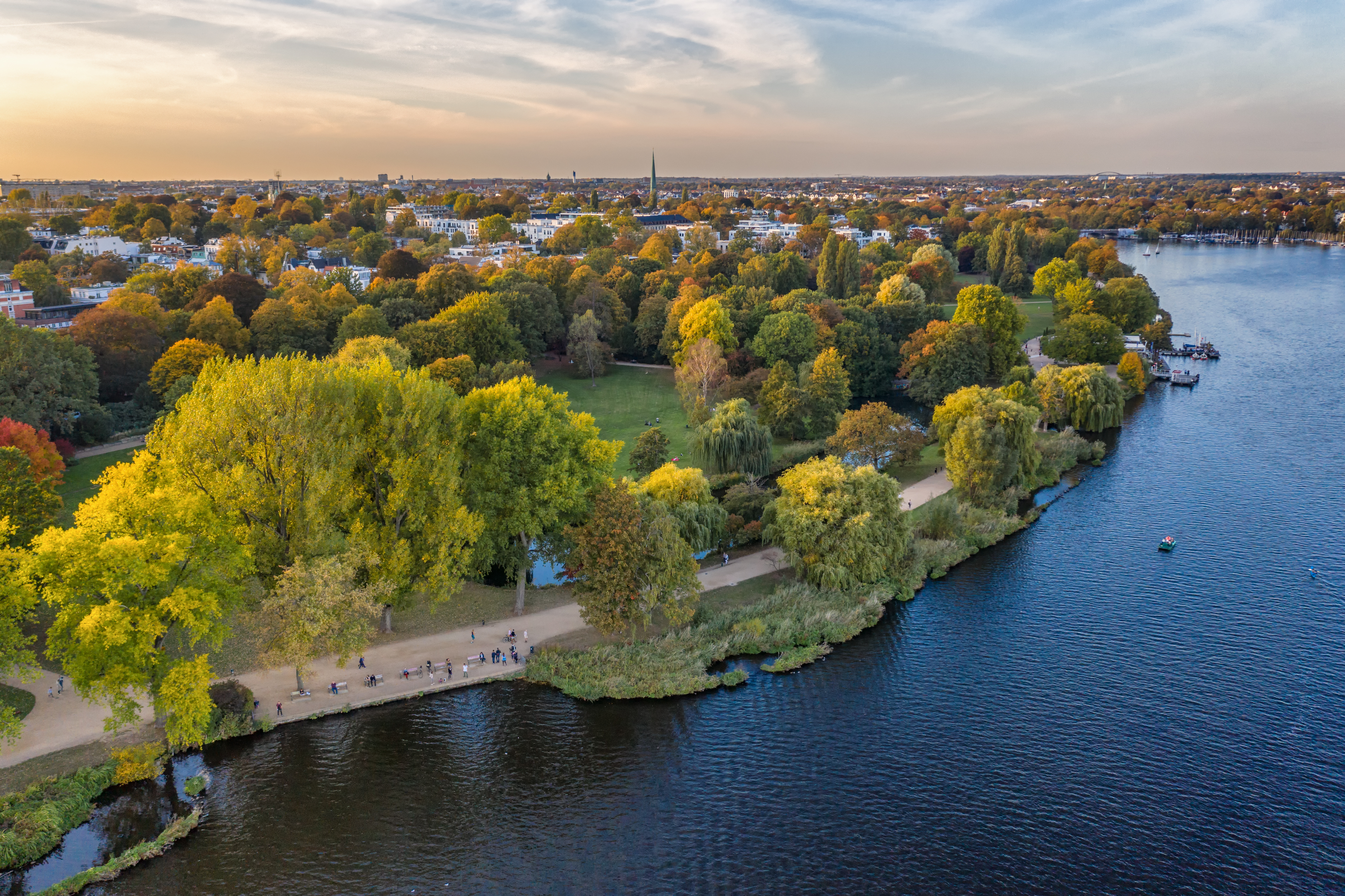 Blick über eine Stadt mit vielen Bäumen und einem Fluss im Hintergrund.