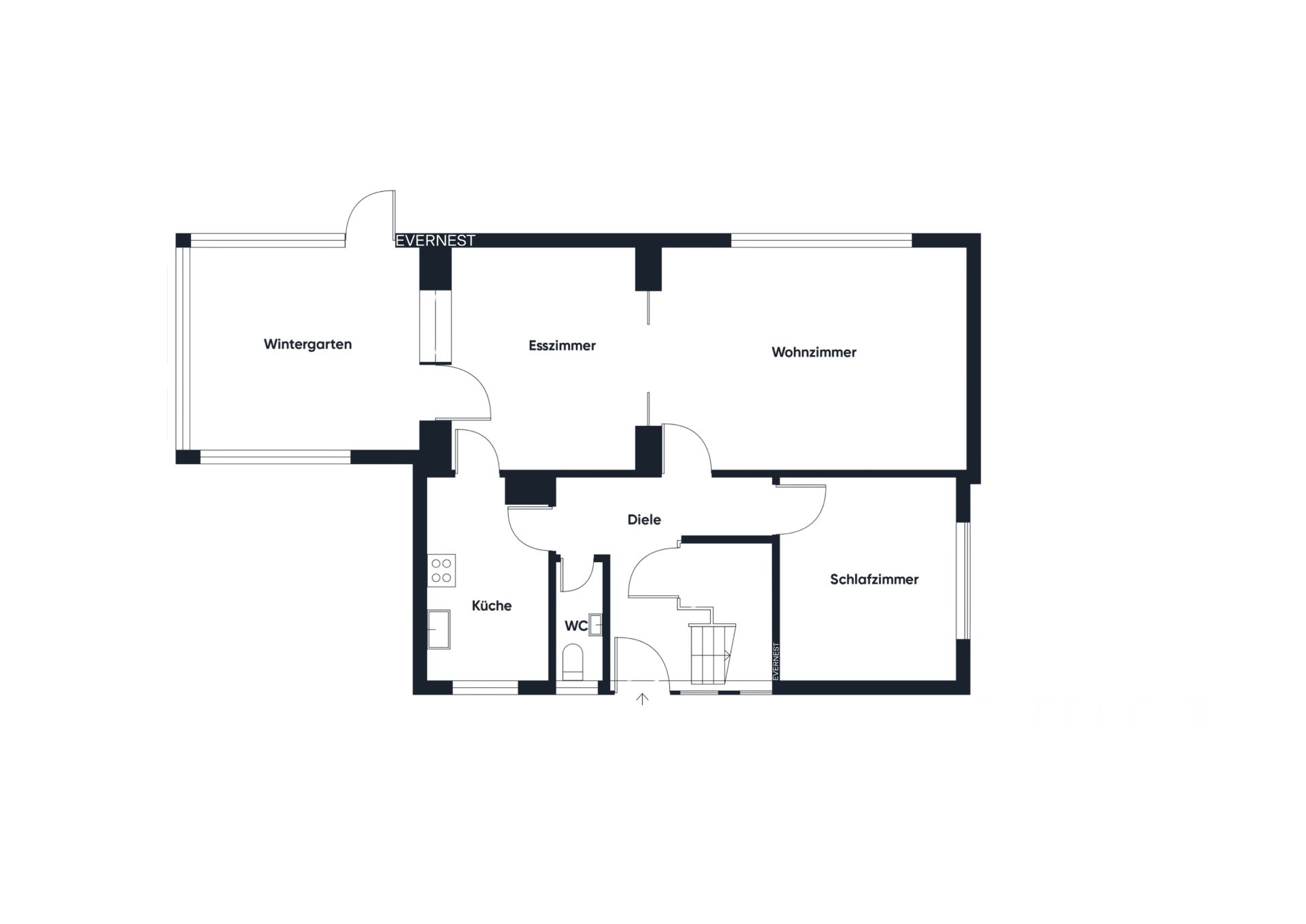 Grundriss mit Wintergarten, Esszimmer, Wohnzimmer, Schlafzimmer, Küche, Diele und WC.