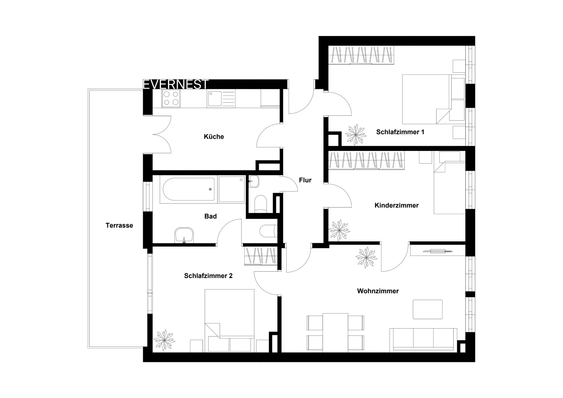 Grundriss einer Wohnung mit Küche, Bad, Wohnzimmer, zwei Schlafzimmern, Kinderzimmer und Terrasse.