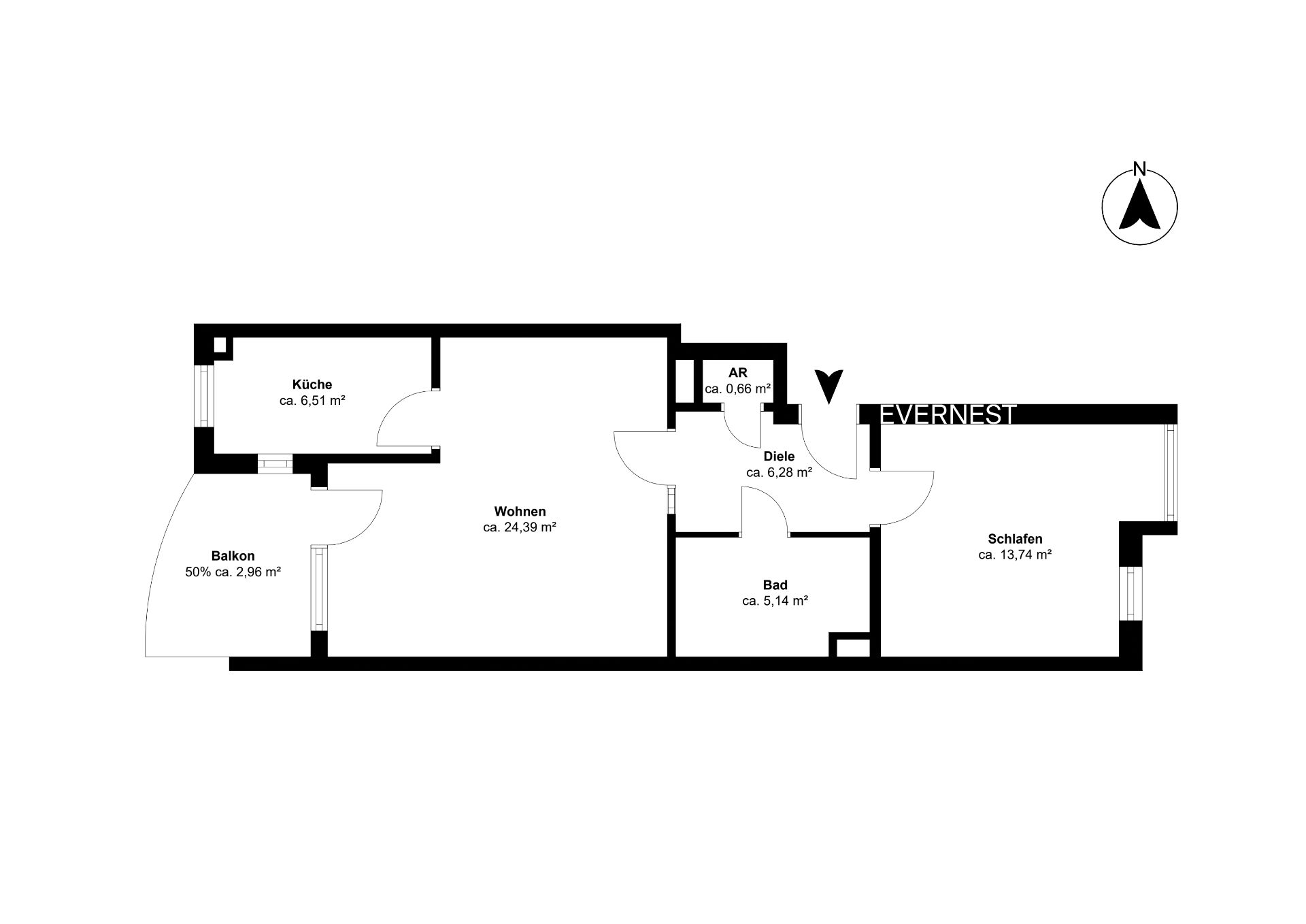 Wohnungsgrundriss mit Balkon, Küche, Wohnzimmer, Schlafzimmer, Bad und Abstellraum.