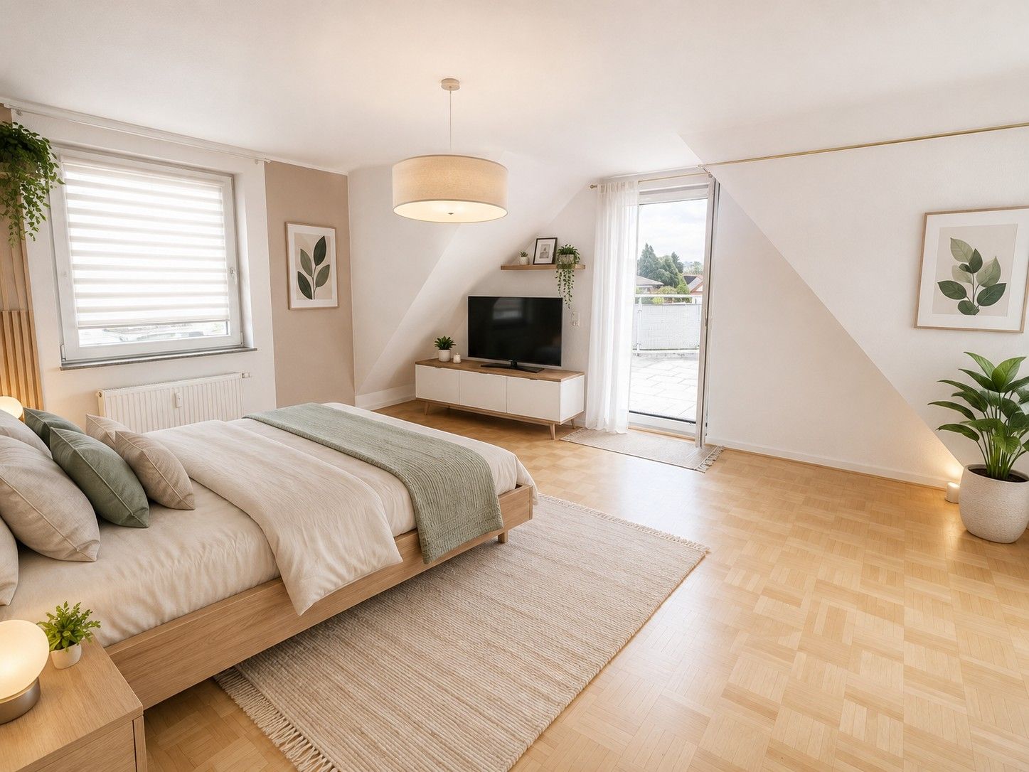 Helles Schlafzimmer mit Doppelbett, Fernseher, Pflanzen und Zugang zu einem Balkon.
