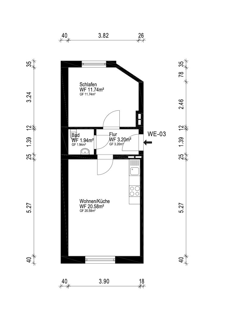 Grundriss einer Wohnung mit Schlafzimmer, Bad, Flur und Wohnküche.