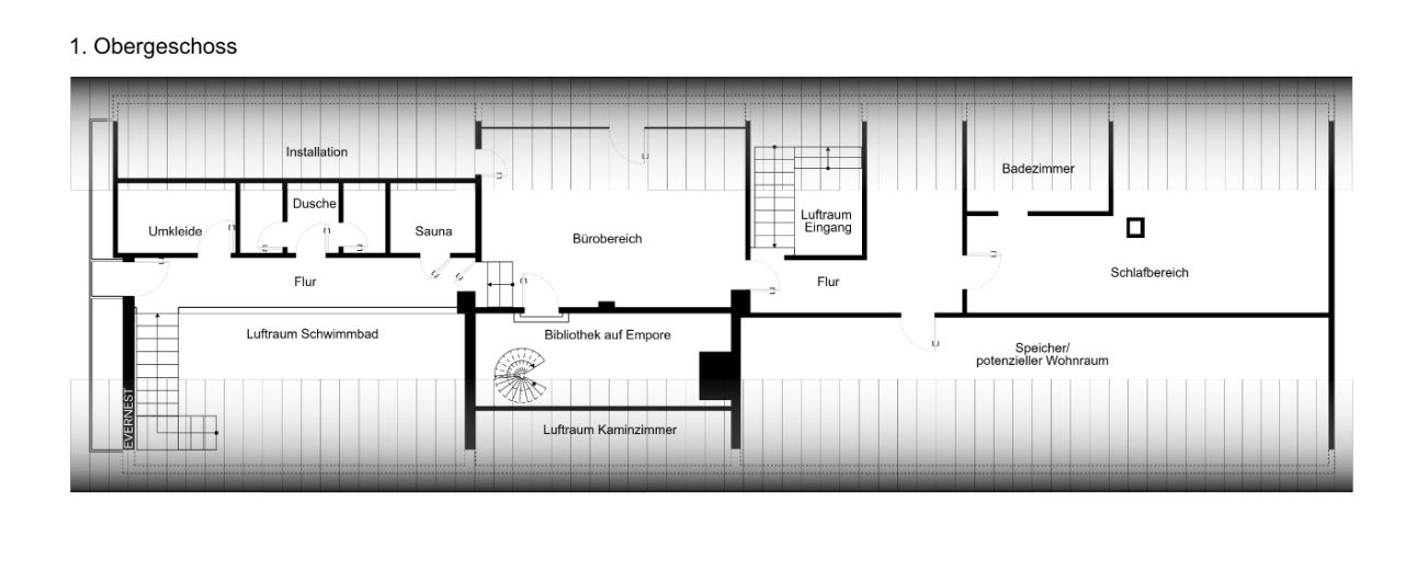 Grundriss eines Obergeschosses mit Büro, Schlafzimmer, Badezimmer, Sauna und Umkleide.