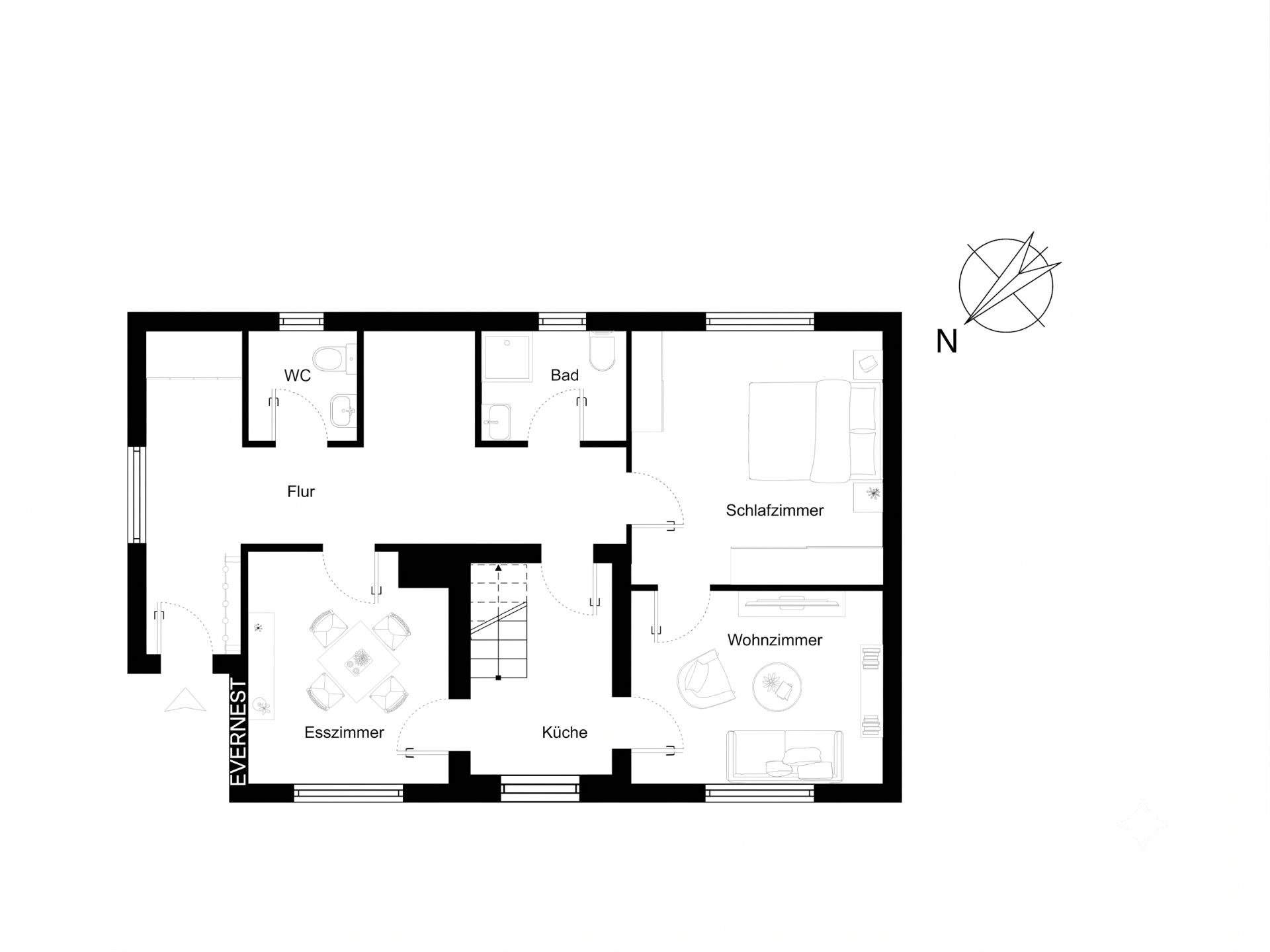 Grundriss einer Wohnung mit Schlafzimmer, Wohnzimmer, Küche, Esszimmer, Bad und WC.